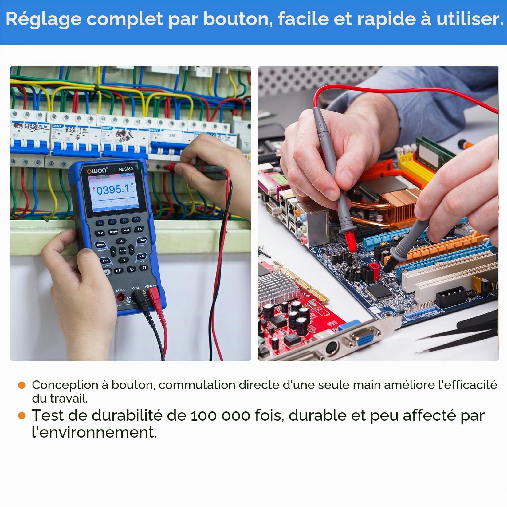 OWON HDS160 Oscilloscope multifonction 2 en 1, bande passante MHz, écran IPS 2,8 pouces, 60000 points, multimètres numériques 4 1/2 pouces et oscilloscope numérique 1 canal