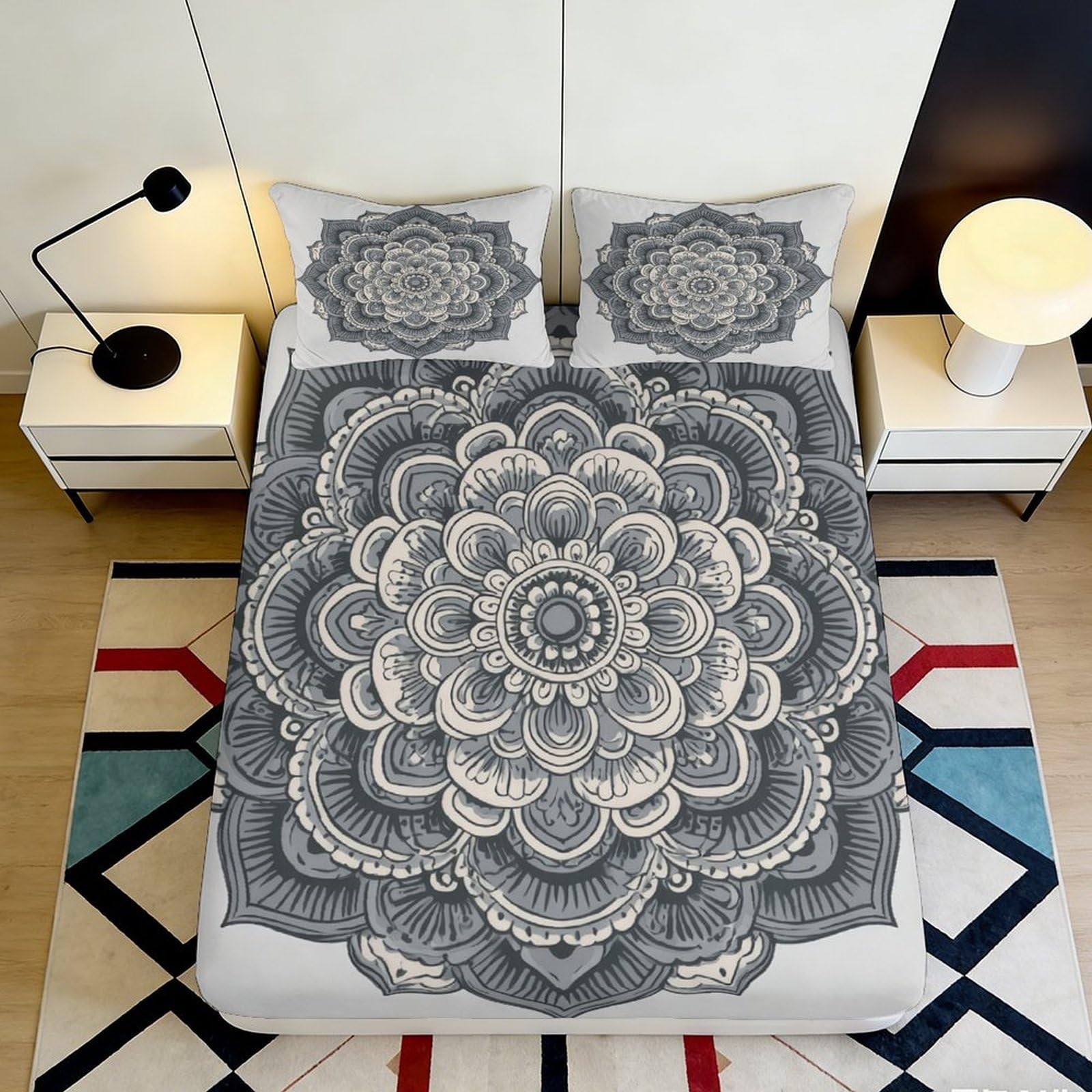 3D Printed Grey Mandala Fitted Sheet Microfiber Durable Breathable Floral Bed Cover for Bedroom Dormitory Guest Room Mattress Protection 140x200x25cm