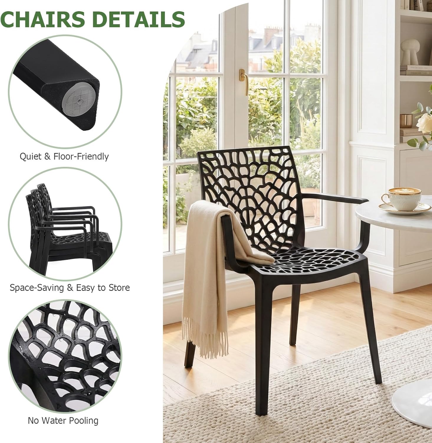 Outdoor Patio Chairs Set of 4, Spider Web Plastic Dining Chairs with Armrest, Weather Resistant Stackable Chairs for Balcony Garden Bistro Yard Poolside Kitchen, No Assembly, Black