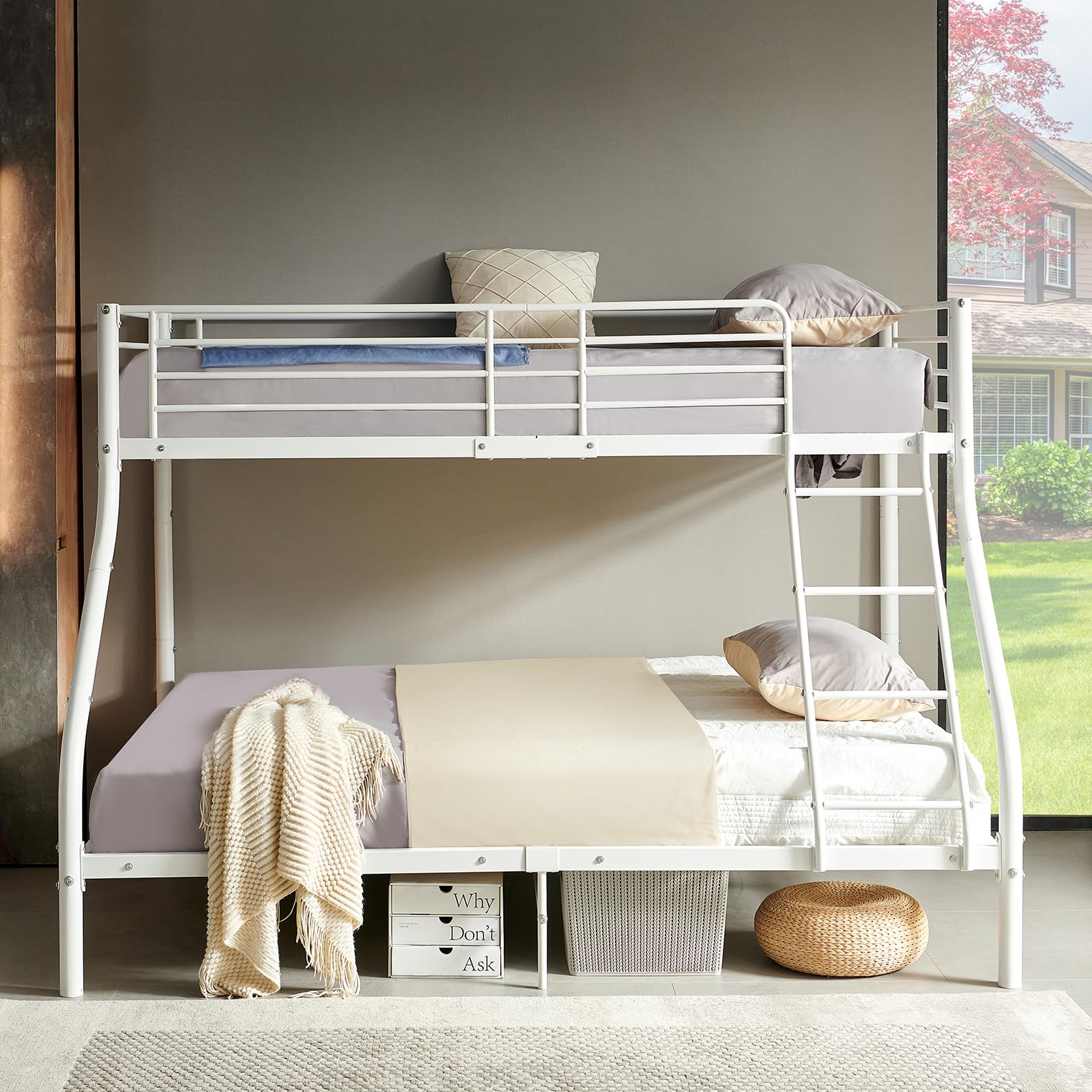 Litera de Metal para Niños, 90 x 200 cm o 140 x 200 cm, Cama Alta Doble Con Somier para Dormitorio Juvenil, Color Blanco