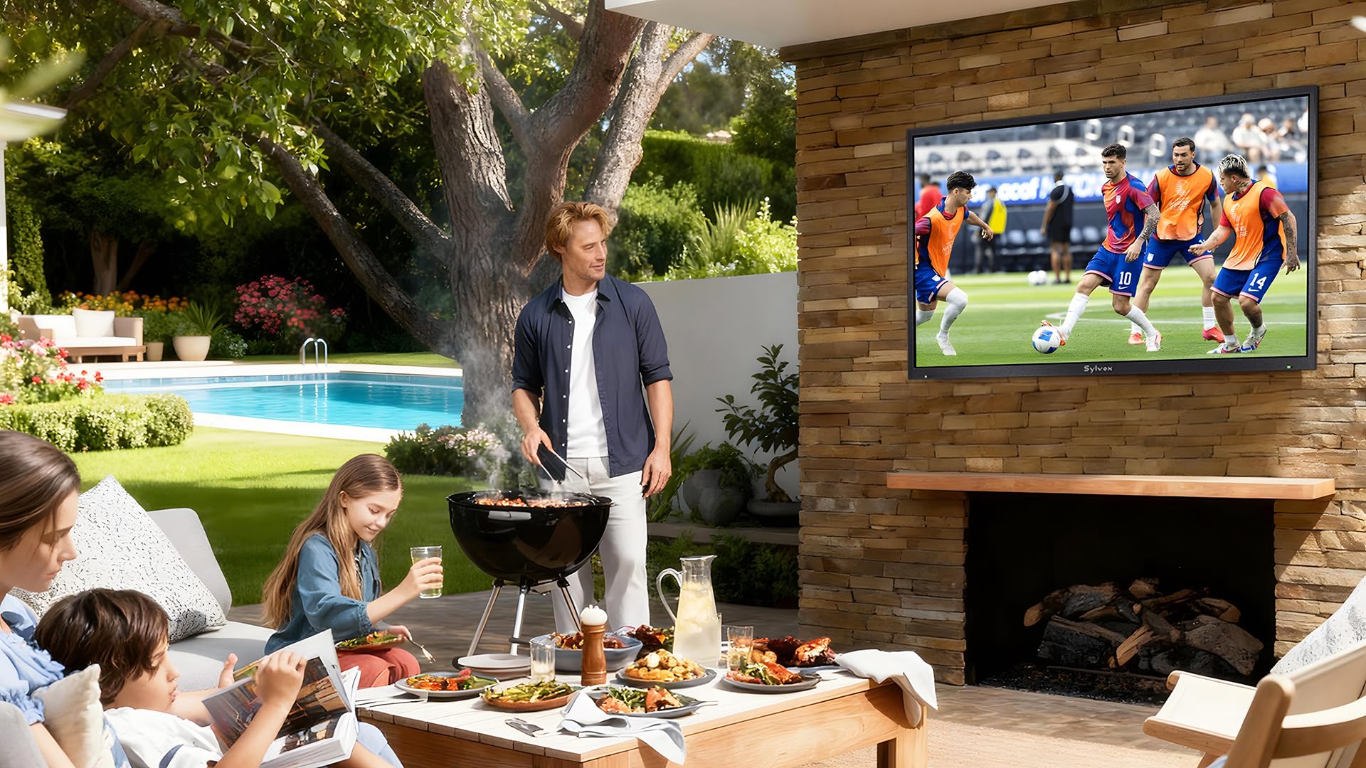 SYLVOX 65-Calowy Telewizor zewnętrzny, 4K UHD QLED 1000 nitów, Smart Google TV IP55 wodoodporny, HDMI, DVB-T2/S2/C, USB, WiFi, Asystent Google, Outdoor TV do Basenu, Ogrodu, Tarasu (Deck Pro 2.0 QLED)