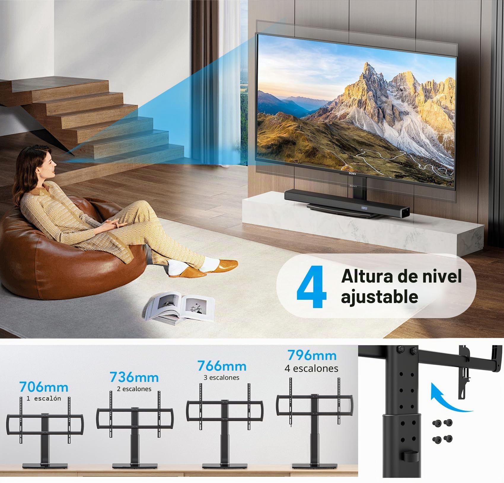 Hemudu Soporte Pie TV Universal, Peanas para Televisiones 32 a 70 Pulgadas, Soporte TV Mesa Altura Ajustable de 4 Niveles, Base de Cristal Templado de Alta Resistencia, MAX 50 Kg, MAX Vesa 600x400 mm