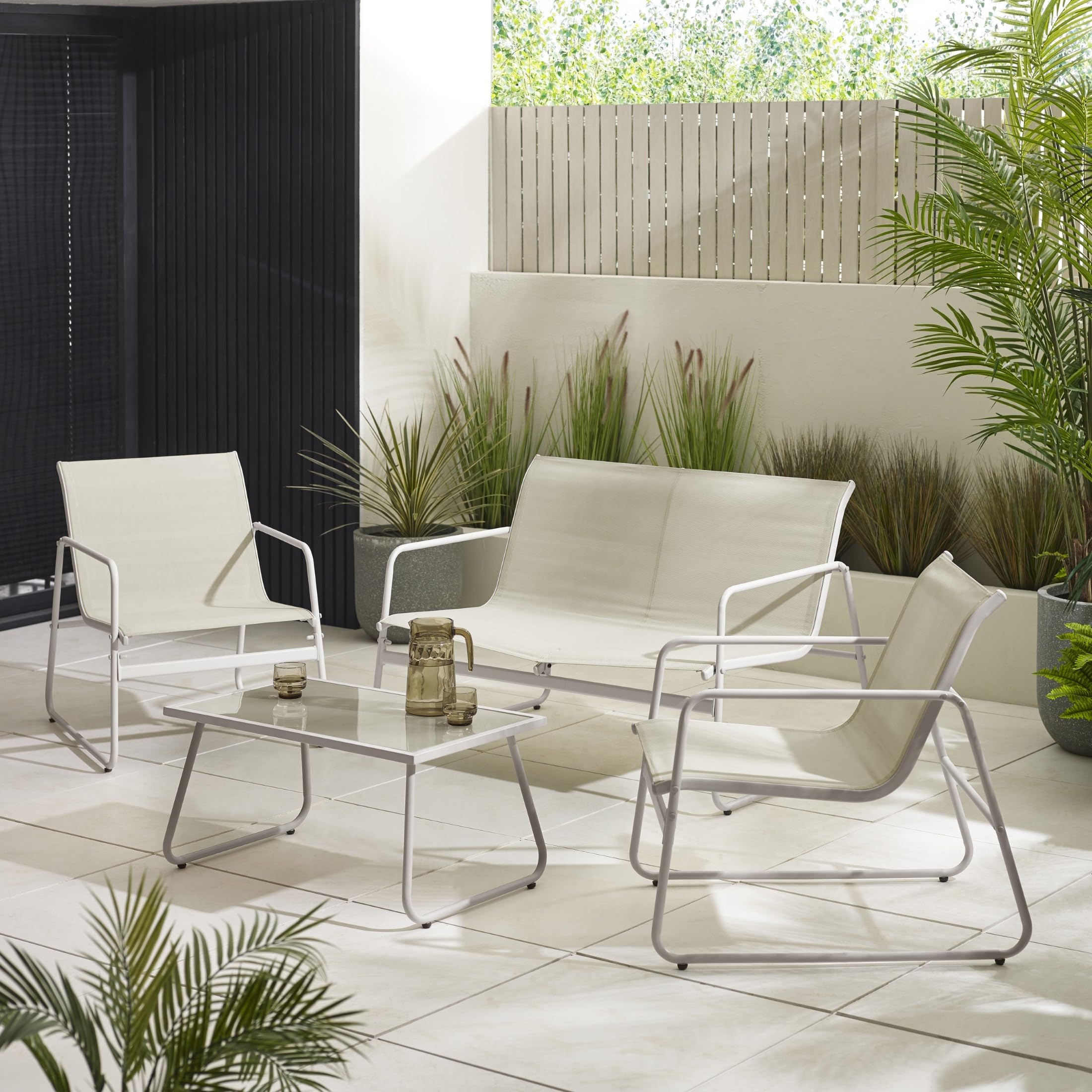 Furniturebox 4 Seat Steel & Textilene Garden Lounge Set - Cream - 2 Chairs, 2 Seat Sofa & Glass Table, 112x76cm - Naxos Collection — image 1
