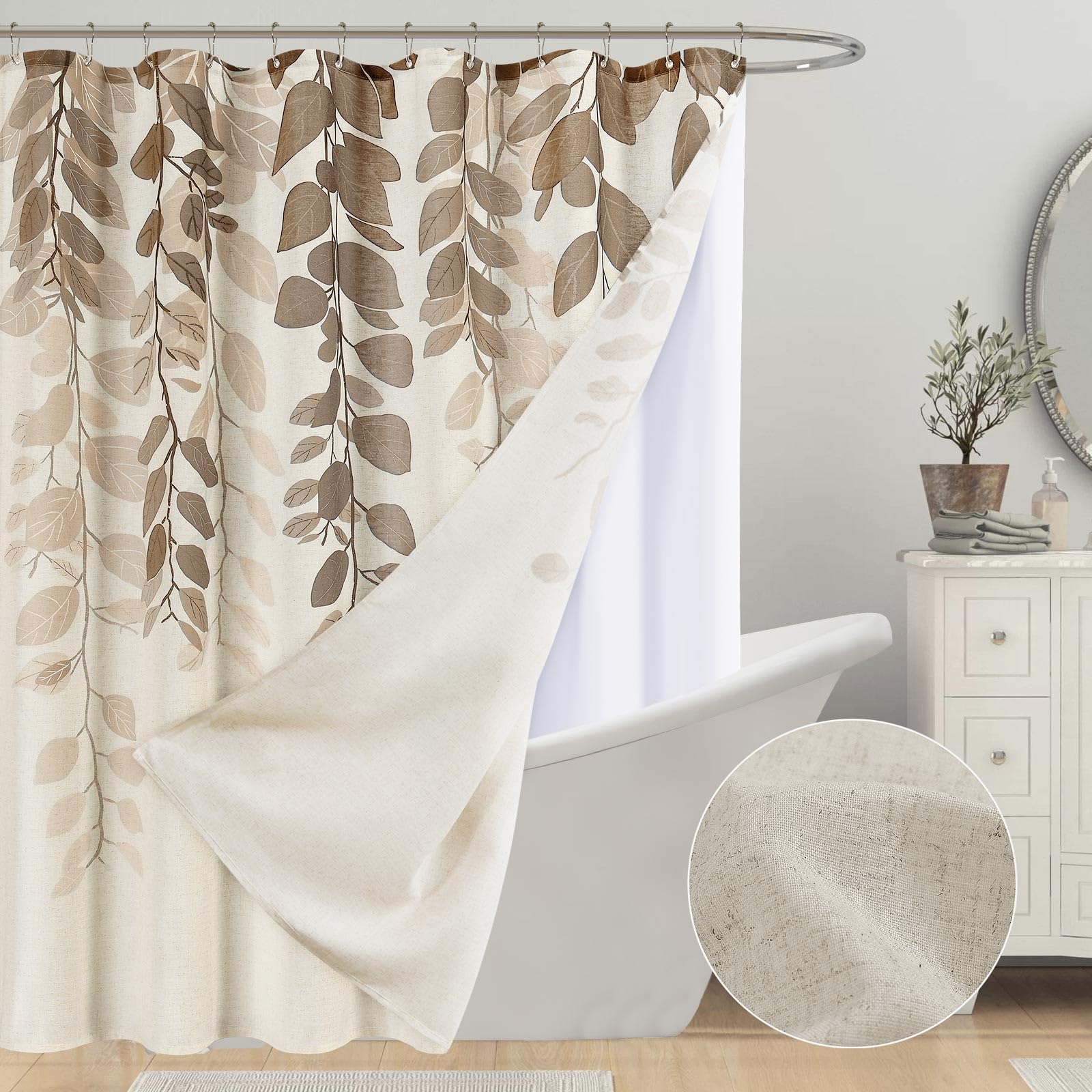 SMABU Tan Linen Shower Curtain and Liner Cream Cloth Fabric