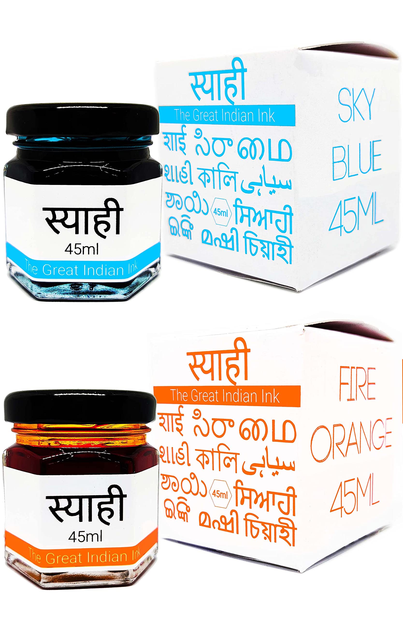 Syahi - The Great Indian Ink - Fountain Pen, Calligraphy, Drawing, Doodle, V5, V7, Trimax (Sky-Blue-Fire-Orange)