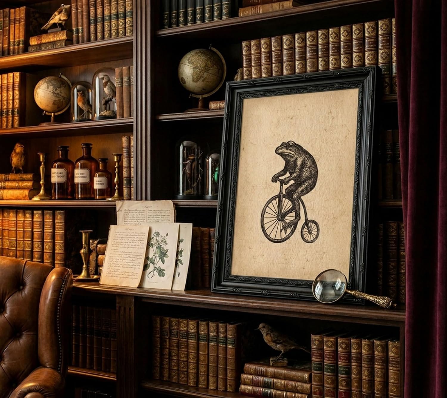 Vintage Black Framed Whimsical Frog Canvas Wall Art, Abstract Weird Animal Wall Decor, Funny Frog on Bicycle Print Poster, Minimalism Animal Picture Artwork for Living Room Home Decoration, 9x11in image 2