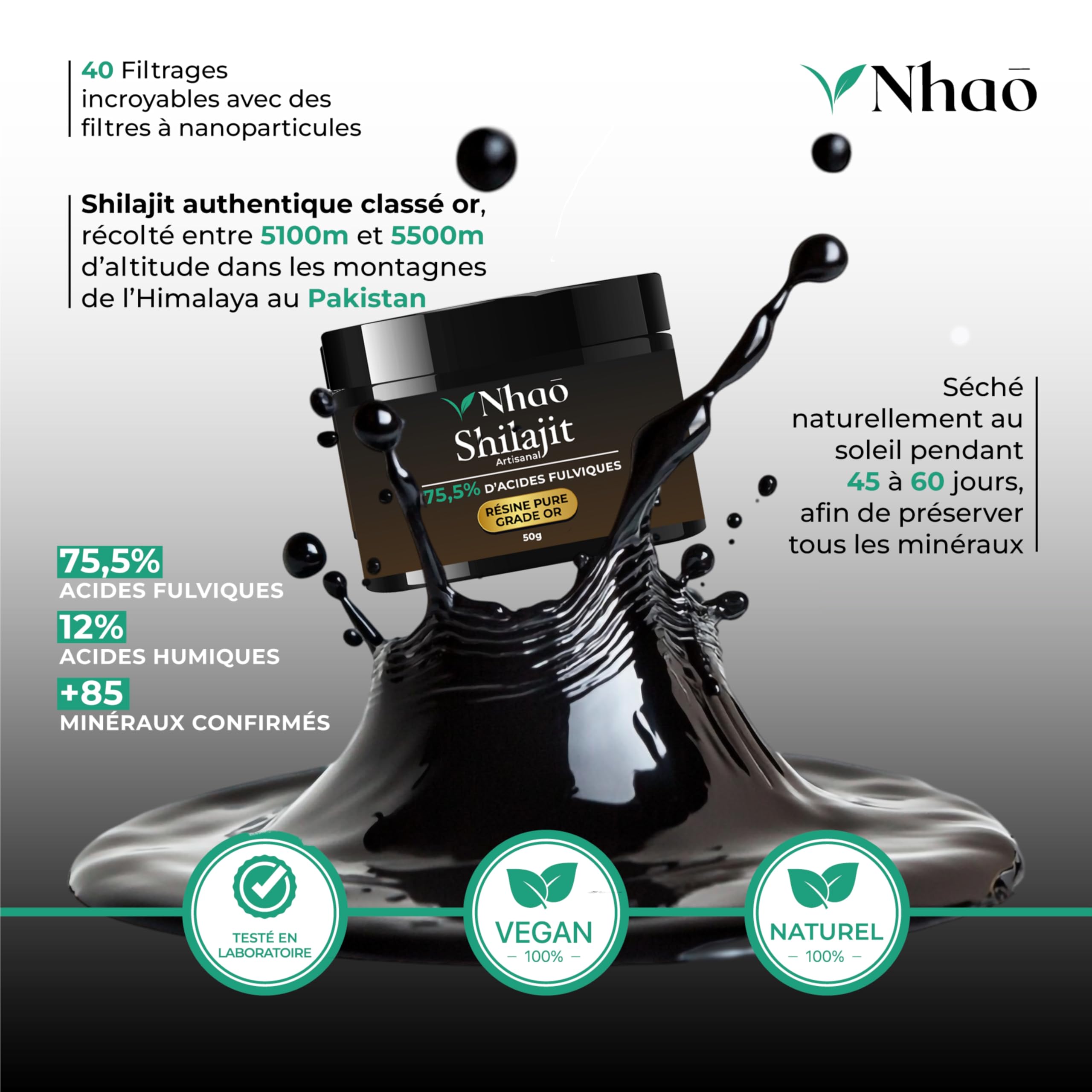 Shilajit D’EXCEPTION Nhaō 50g – RÉSINE ARTISANALE GRADE OR – FILTRATION 40 JOURS – HAUTE CONCENTRATION EN ACIDE FULVIQUE (+75%) –TESTÉ PAR DEUX LABORATOIRES – Origine HIMALAYA PUR