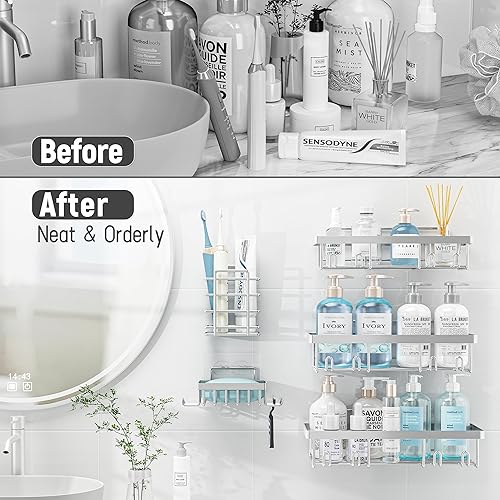 Miniatura 7 de Paquete de 10 organizadores de ducha para ducha interior, cesta de almacenamiento de pared autoadhesiva de acero inoxidable para champú, juego de
