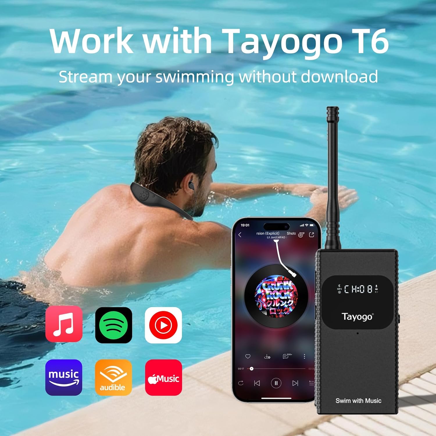 Tayogo T6+W18 Swim Music Combo – Waterproof Swimming Headphones for Spotify & Audible | Bluetooth Swimming Headset with Transmitter | No MP3 Download Needed, 32GB Waterproof MP3 Player, FM Radio