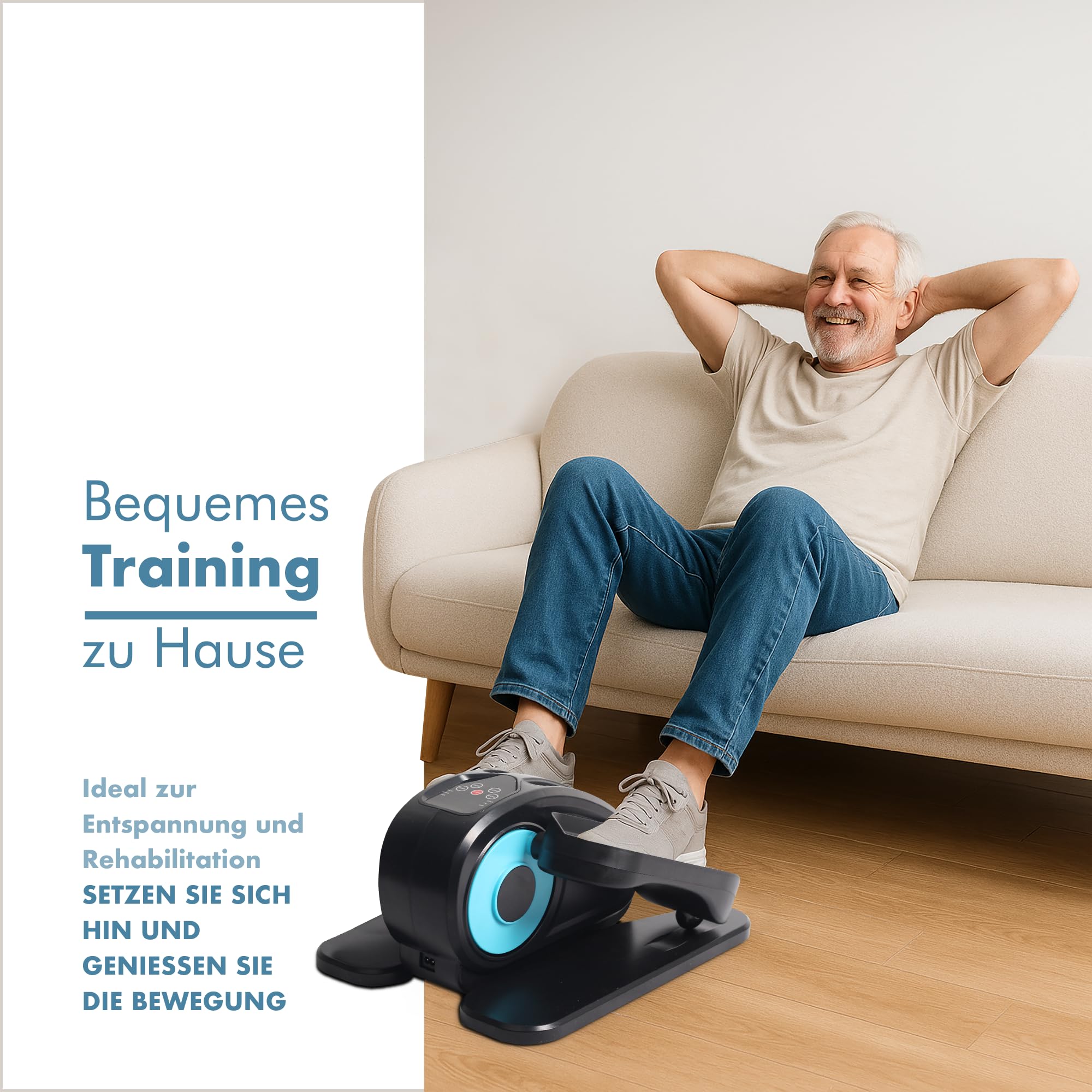 PORTENTUM Mini ellipsentrainer für zuhause elektrisch mit Fernbedienung, Display und leisem Motor – Pedaltrainer für senioren automatisch und manuell mit Geschwindigkeitswahl – Kompakt für Büro