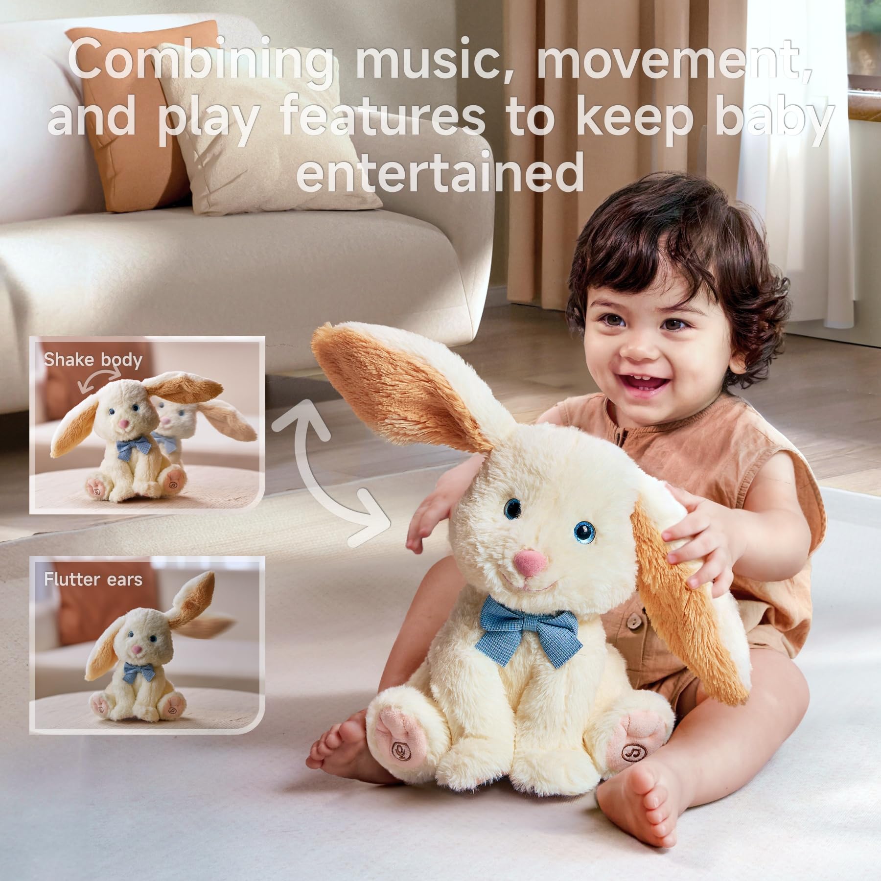 TUMAMA Bunny Stuffed Animal - Musical Stuffed Animal with Moving Ears, Features Singing, Recording, Repeating for Toddlers, Interactive Stuffed Bunny Plush Gift Toys for Boys and Girls - Image 3
