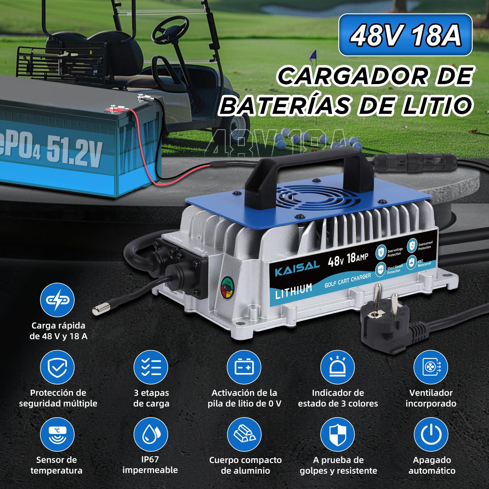 KAISAL Cargador de Batería Lifepo4 58.4V 18A, Cargador de Baterías Litio 48V (51.2V), Impermeable IP67, para Autocaravanas, Motores de Remolque, Carros, Barcos, Energía Solar