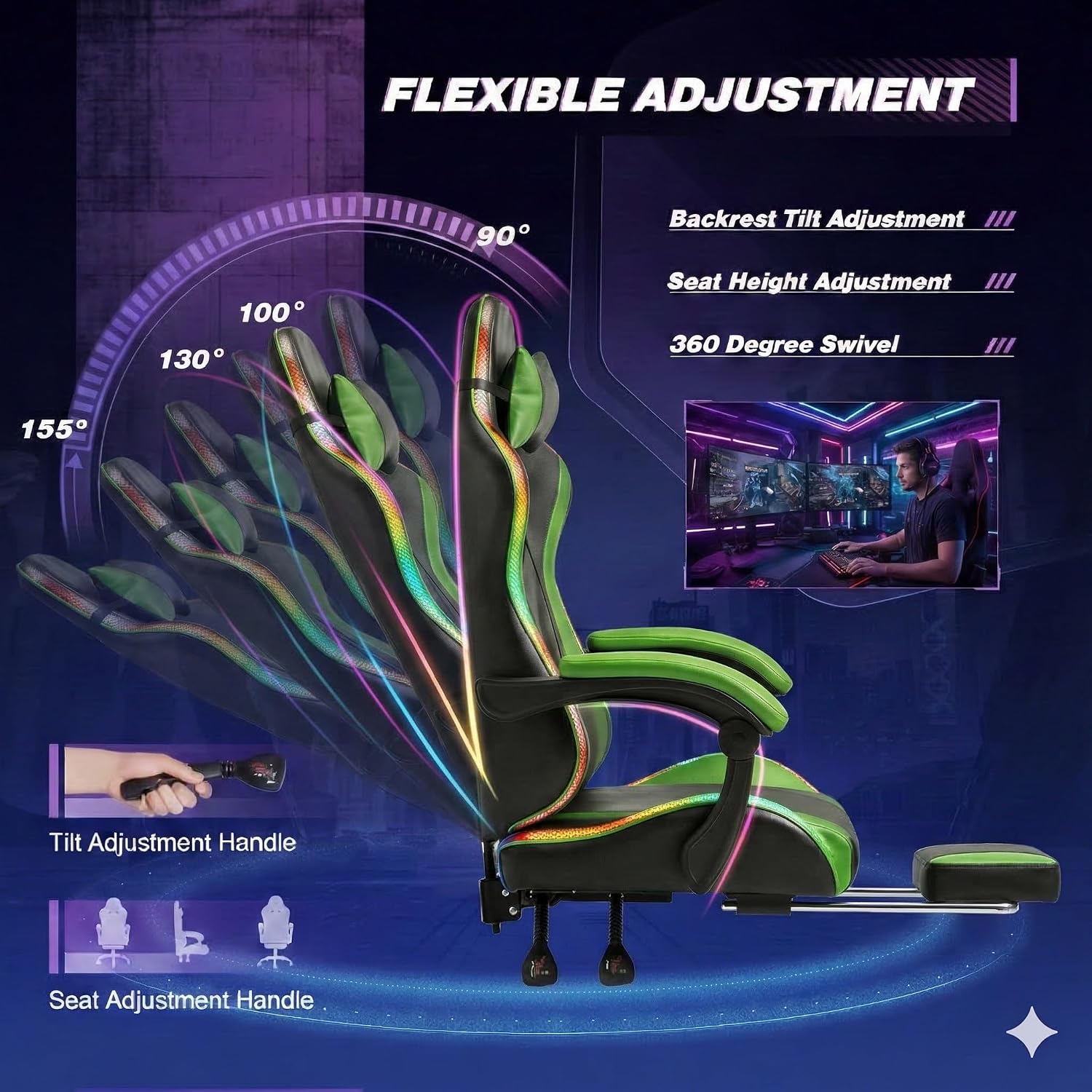 Gaming Chair with RGB LED Lights, Footrest, Lumbar Support & Headrest - High Back Reclining Swivel Computer Chair with Canopy (Green)
