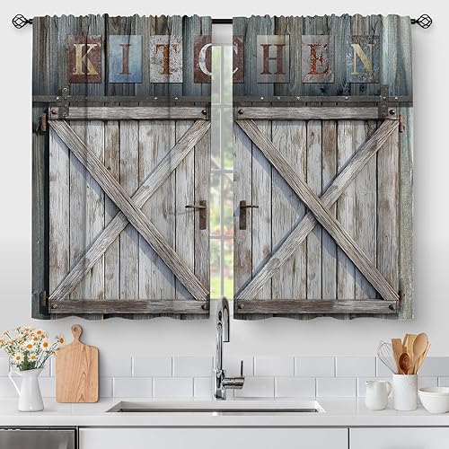 Miniatura 26 de Aimego - Cortinas floreadas verde azulado, diseño de madera rústica, para café, de granja, cortas, para cocina, baño, sala de estar, caravana,