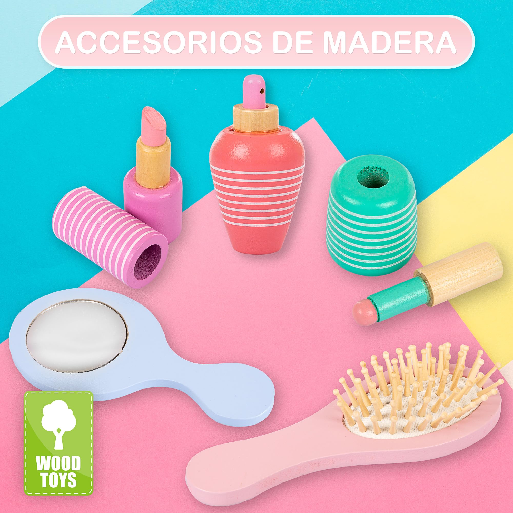 Green series Tocador Infantil de Madera con Espejo y Accesorios - Mesa Maquillaje Niña con Cajones - Juguete Educativo para Niñas 3 y 6 Años - Tocador Rosa GS3300