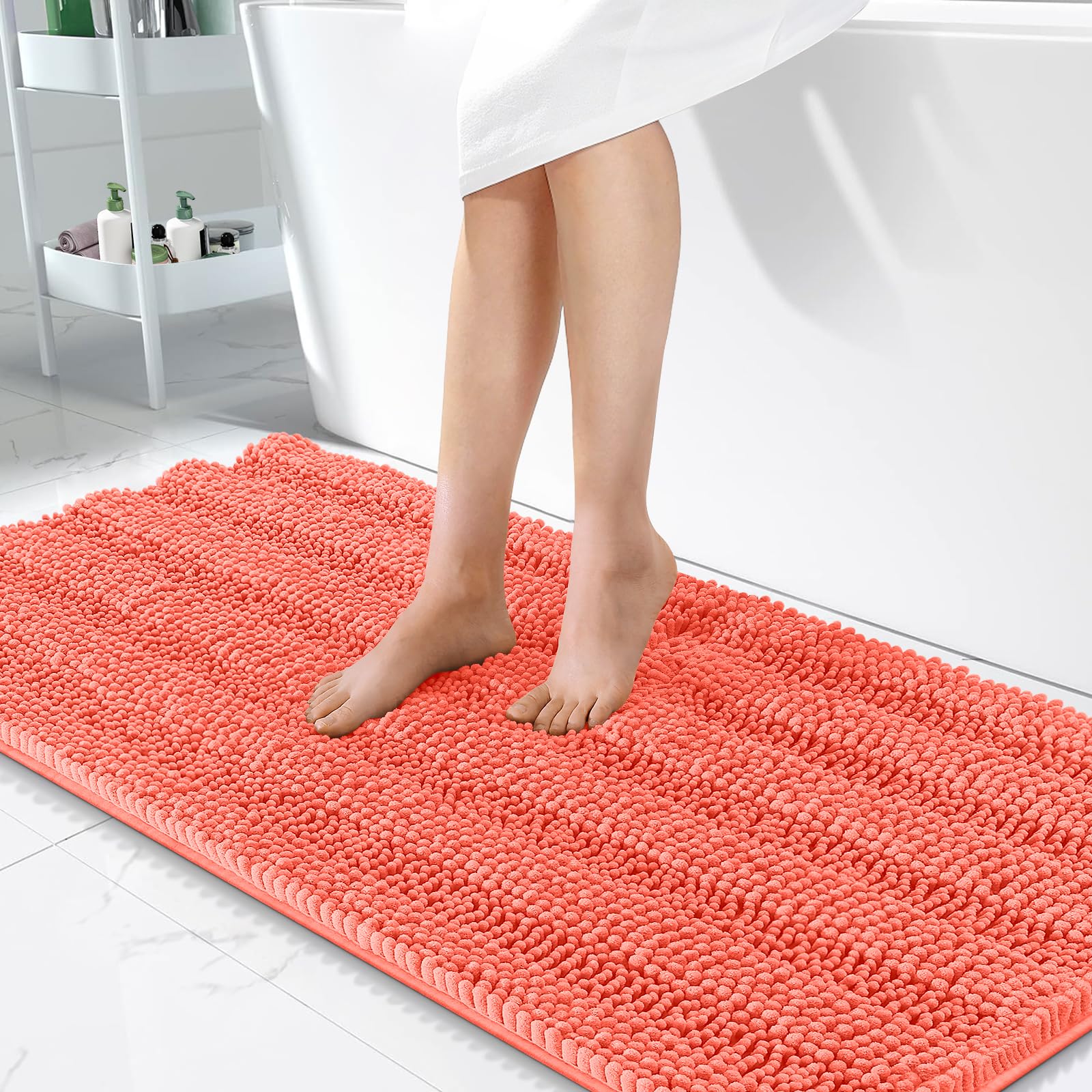 OLANLY Thick Bathroom Runner Rugs 47x24, Soft Chenille Bath Rugs, Coral