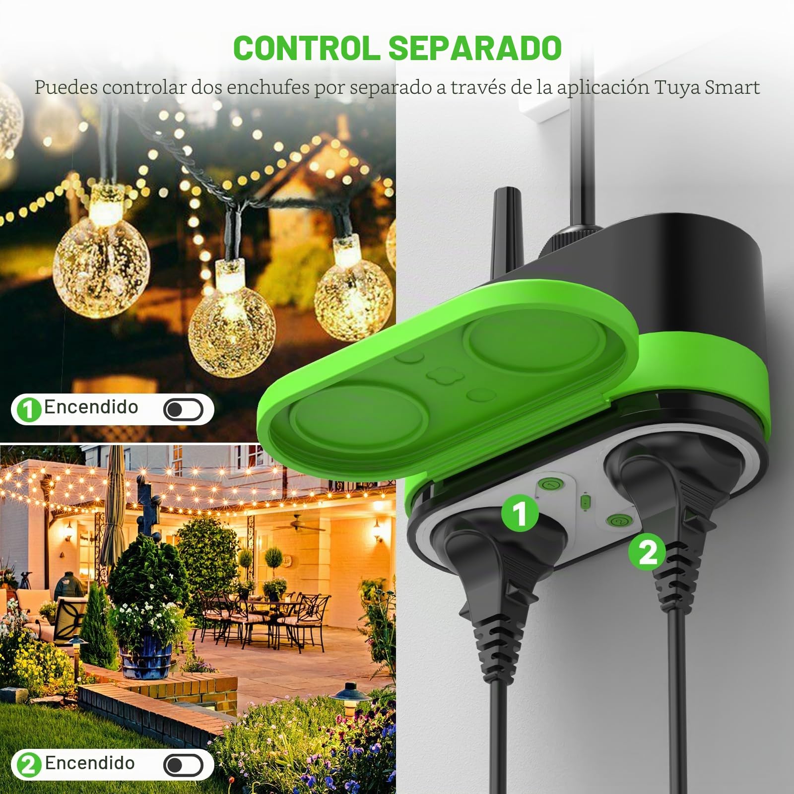 GreenSun Enchufe WiFi para exteriores Alexa – Temporizador exterior Smart Enchufe Exterior Impermeable IP44 Medidor de Consumo de Energía Funciona con Alexa Google Home 2,4 GHz WiFi