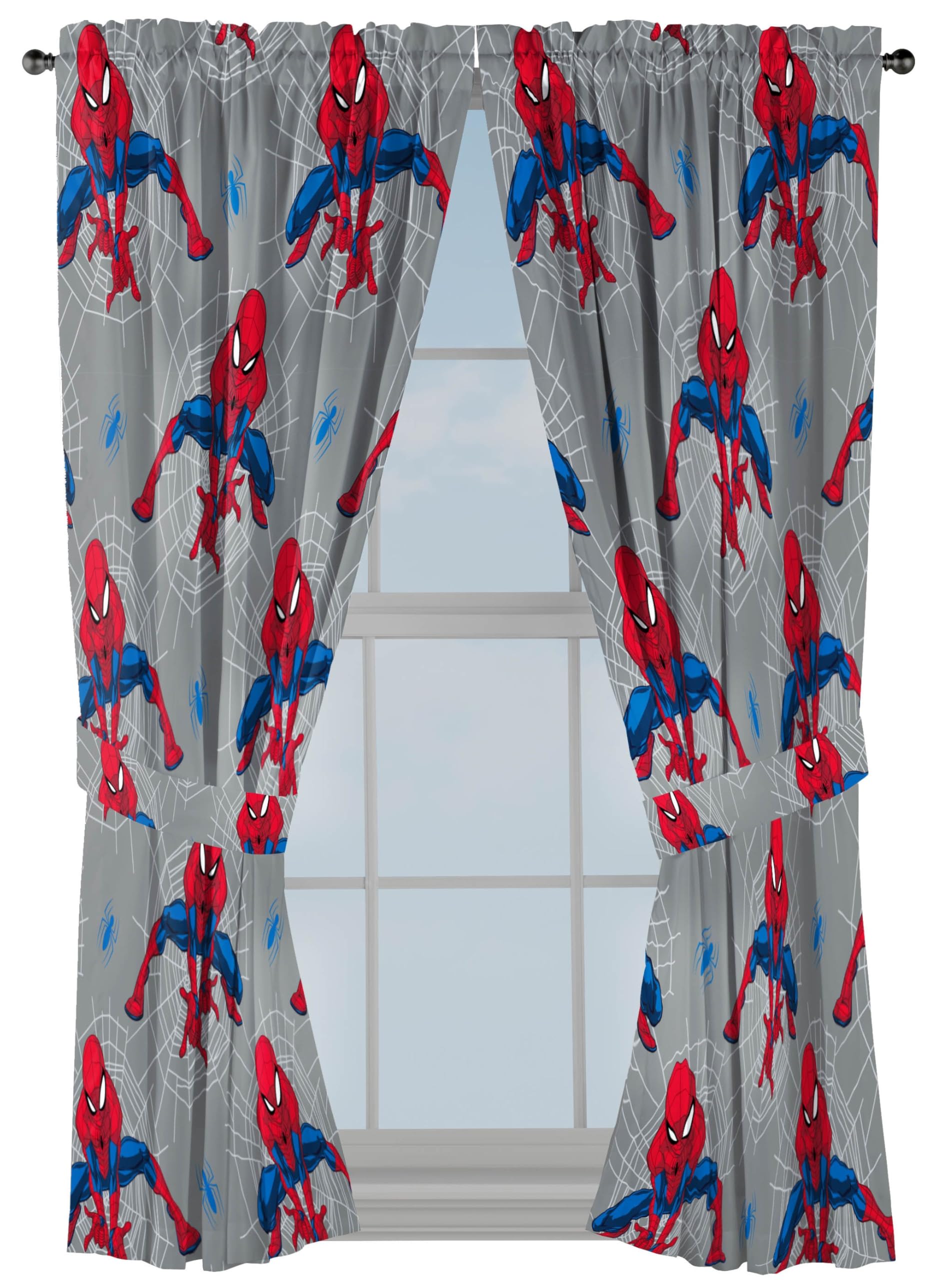 Jay Franco Window Curtains for Kids Bedroom 4-Piece Drape Set with 2 Tiebacks, Grey - Spiderman, 42" W x 63" L (Pack of 2)