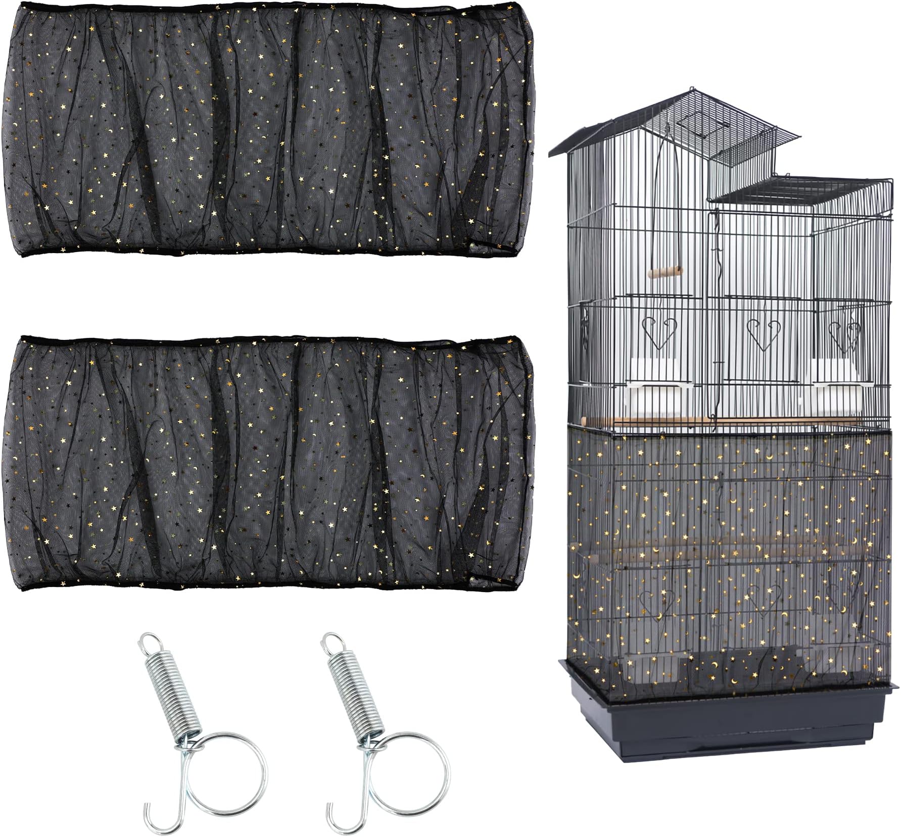 JULMELON 2Pcs Adjustable Bird Cage Seed Catcher(Black) Birdcage Nylon Mesh Cover Twinkle Star Universal Birdcage Cover for Parakeet Round Square Cage with Spring Hook