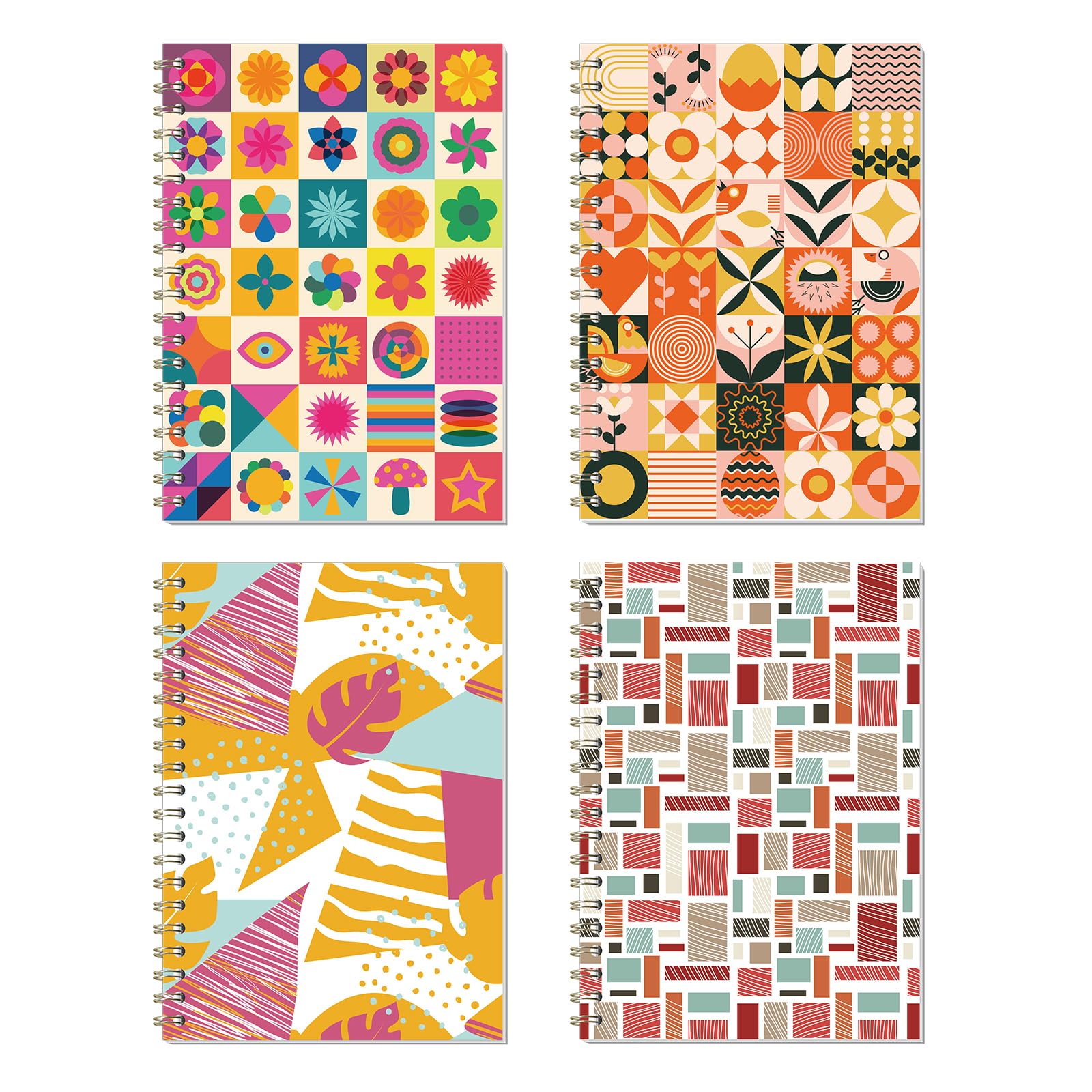 Cuaderno pequeño en espiral de 5 x 7 pulgadas, paquete de 4 diarios de tapa dura, bonitos cuadernos rayados universitarios para el trabajo, la escuela y la oficina, bloques de color geométricos