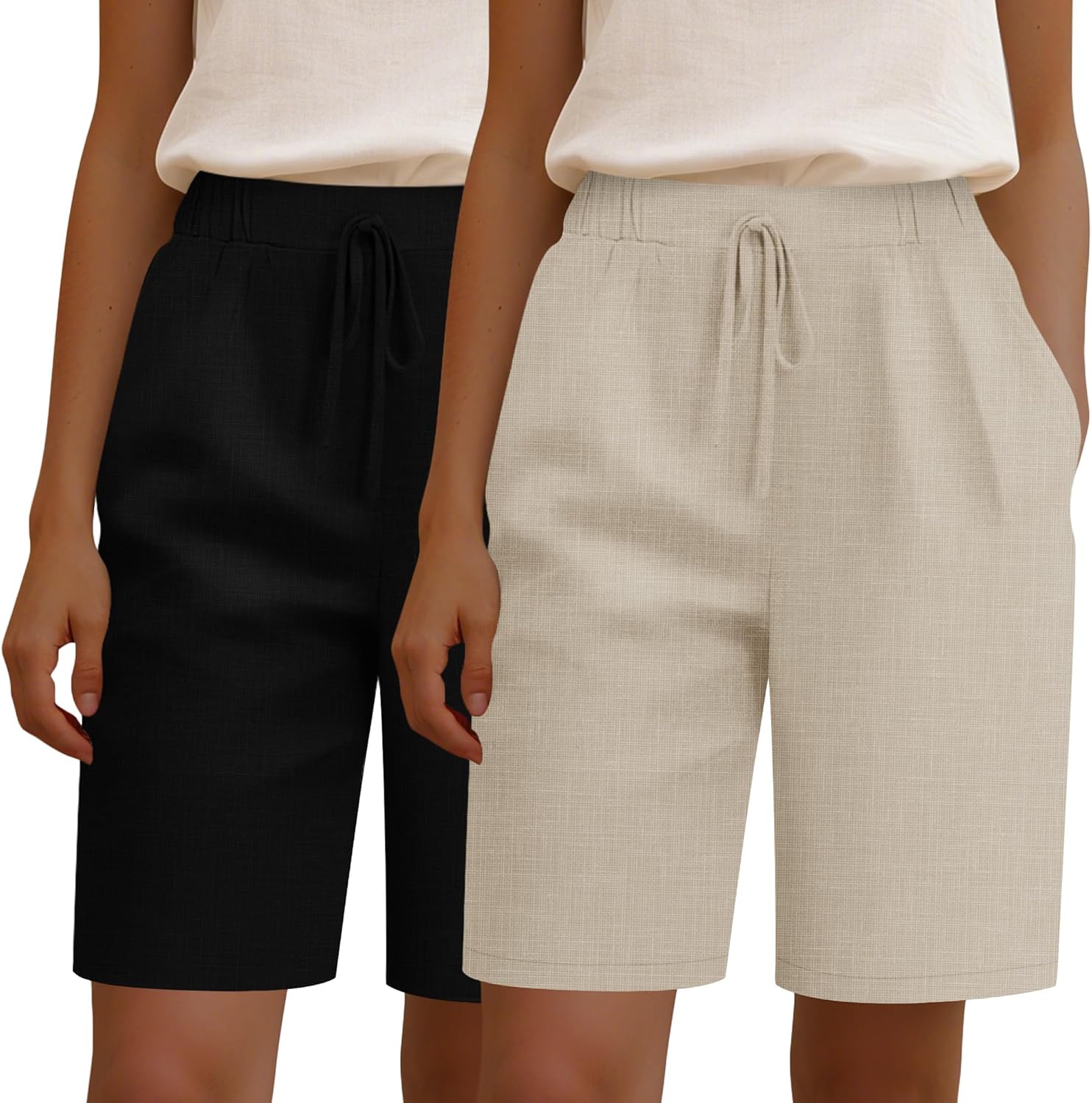 Neer 2 Pack Women's Linen Bermuda Shorts Elastic Waist Wide Leg Shorts Casual Summer Bottoms with Pockets