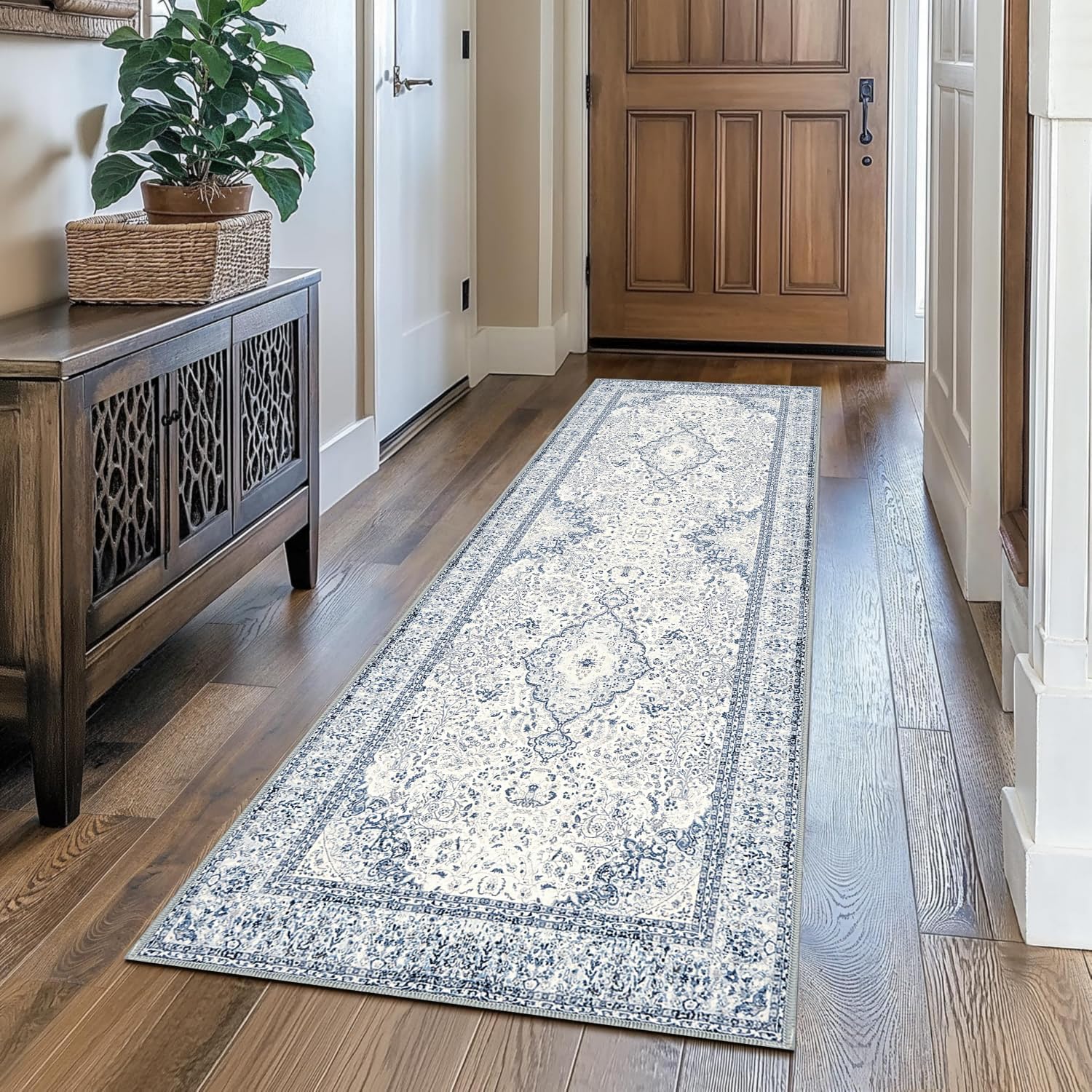Runner Rug 2x5 Hallway Runner Rugs Washable Kitchen Runners Non Slip Printed Distressed Laundry Room Carpet, Low-Pile Soft Rug Runners for Entryway Bedroom Living Room Bathroom, Navy Blue and White