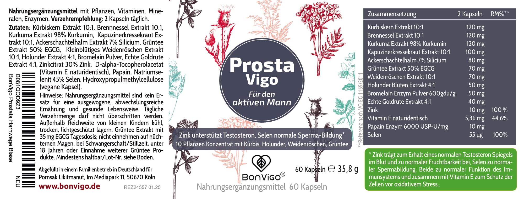 ProstaVigo Kapseln für den Mann – 10 Pflanzen Konzentrat mit Kürbiskern, Sägepalme & Weidenröschen – Zink & Selen unterstützen Testosteronspiegel & Fruchtbarkeit – 120 Kapseln