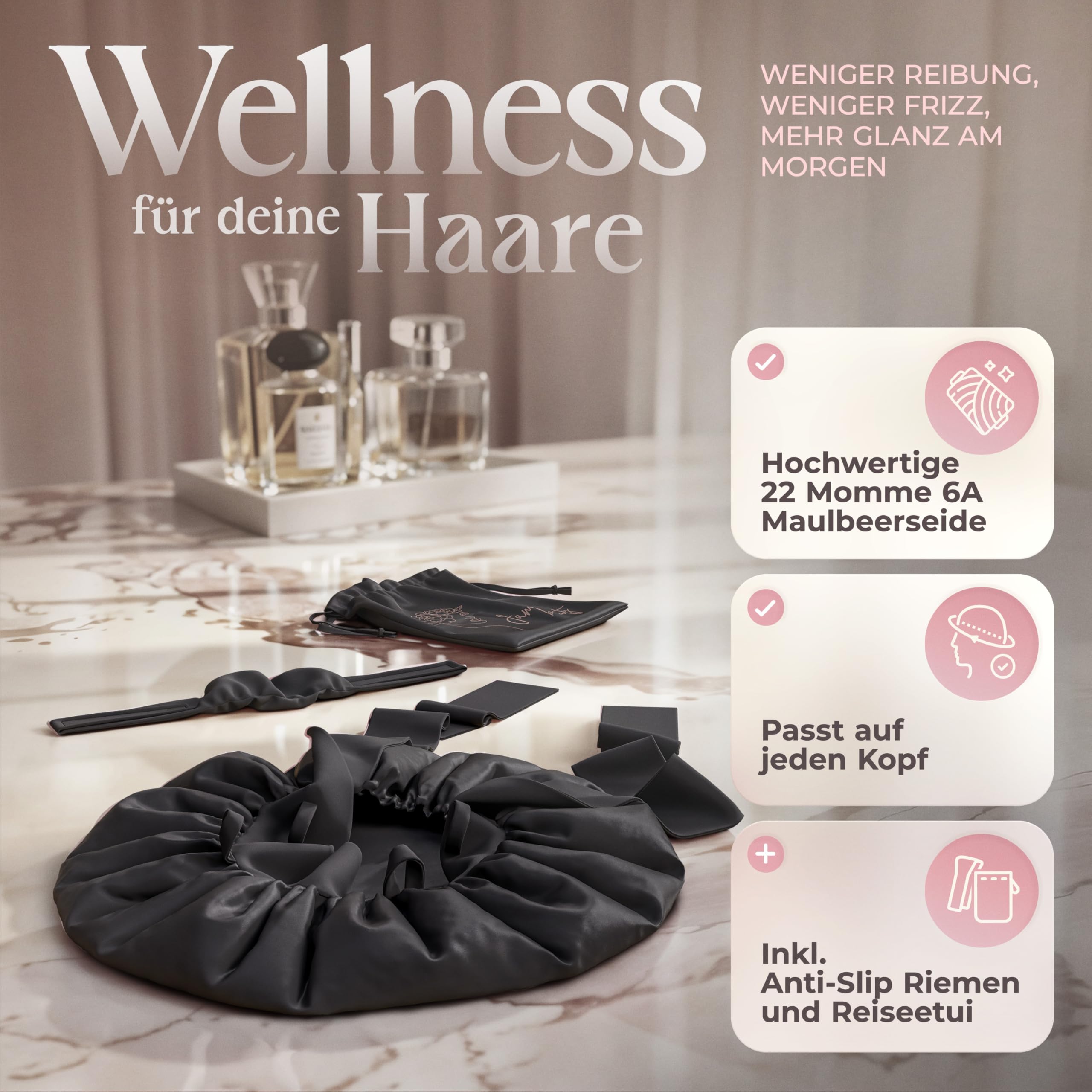 Seidenhaube zum Schlafen - 100% Maulbeerseide I Schlafhaube Seide - Idealer Schutz vor Frizz, Haarbruch & Knoten I Silk Bonnet mit Kinnriemen für extra Halt I Doppellagige Schlafmütze