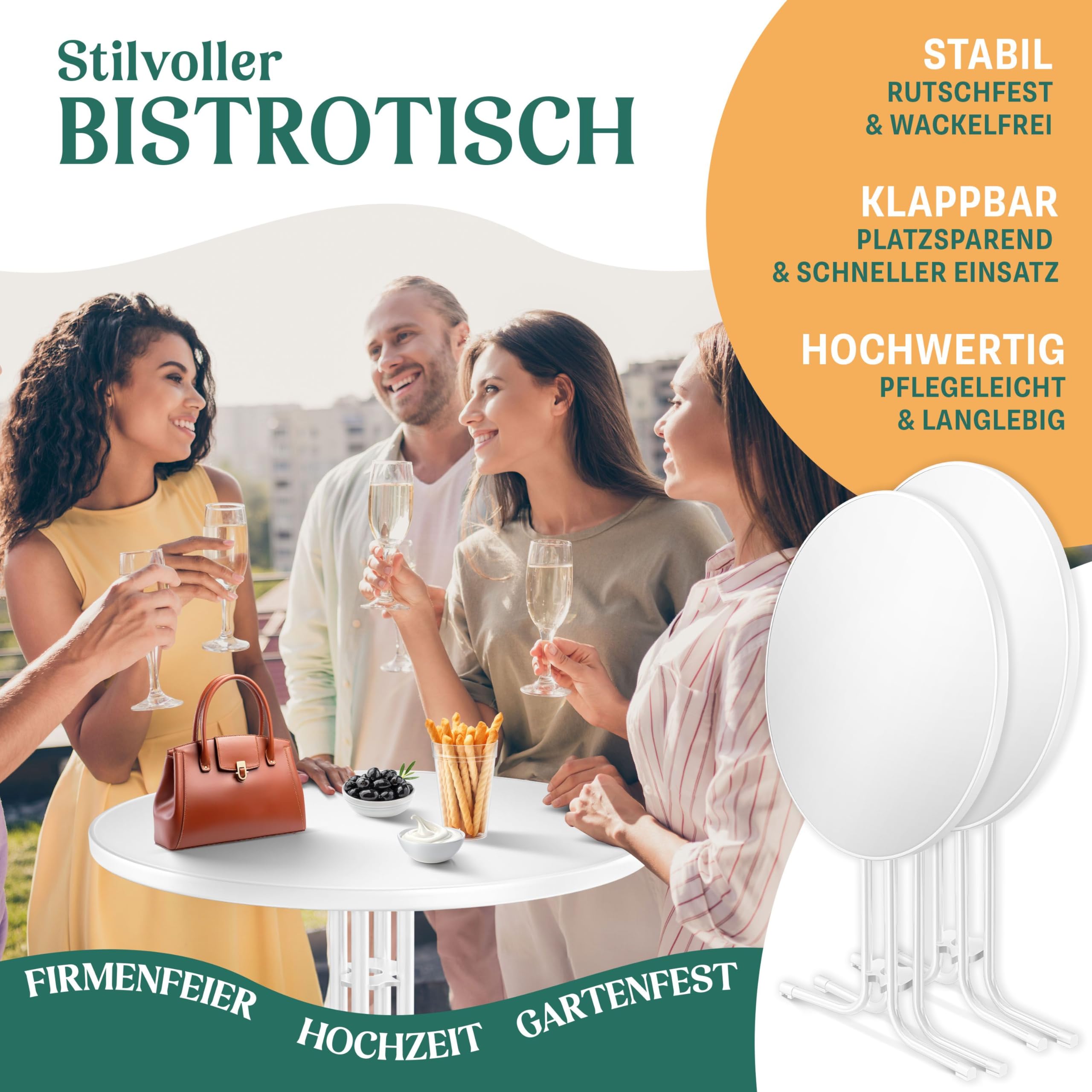 KESSER® Gastro Stehtisch klappbar Bistrotisch 2er Set | Pulverbeschichtete Edelstahlplatte | höhenverstellbare Füße | Party-Tisch Ø 70cm | In- & Outdoor | Empfangstisch inkl. Husse | Klapptisch Weiß