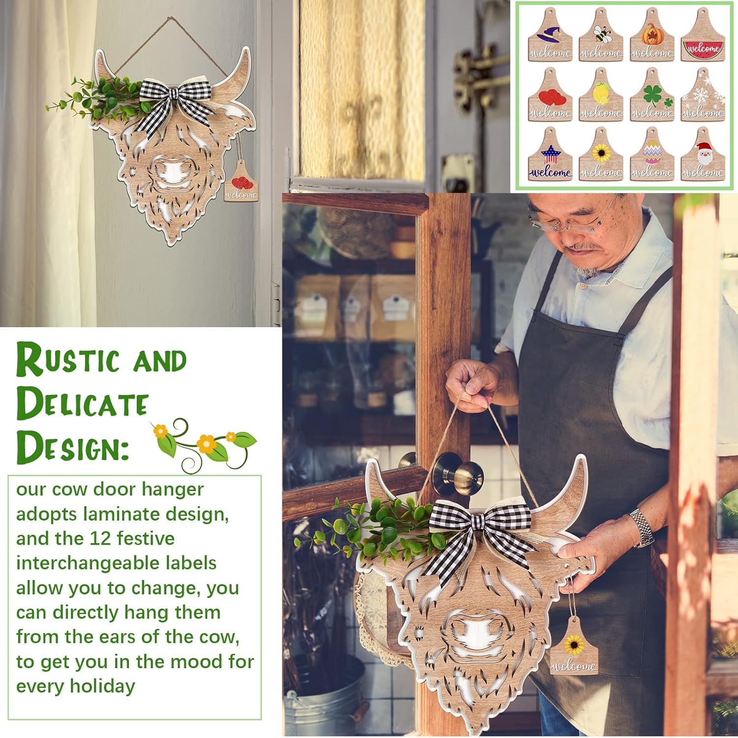 Maitys 13 Pcs Highland Cow Head Door Wreath Sign Christmas Decor Welcome Hanger Rustic Wooden Hanging Farmhouse Cow Decor with Buffalo Plaid for Front Door, 11 x 9.8 Inch(Yak Head Shape) - Image 5