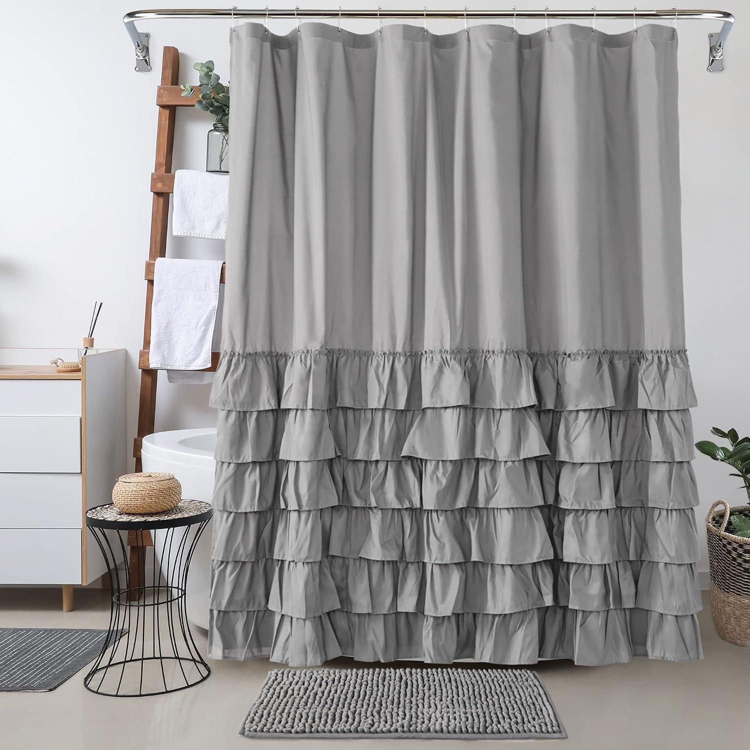 Reeple 3 Pcs Farmhouse Shower Curtain Set with Rugs and 12 Hooks for Bathroom Ruffle Textured Waterproof Fabric Shower Bath Curtain 72 x 72 Inch Light Grey