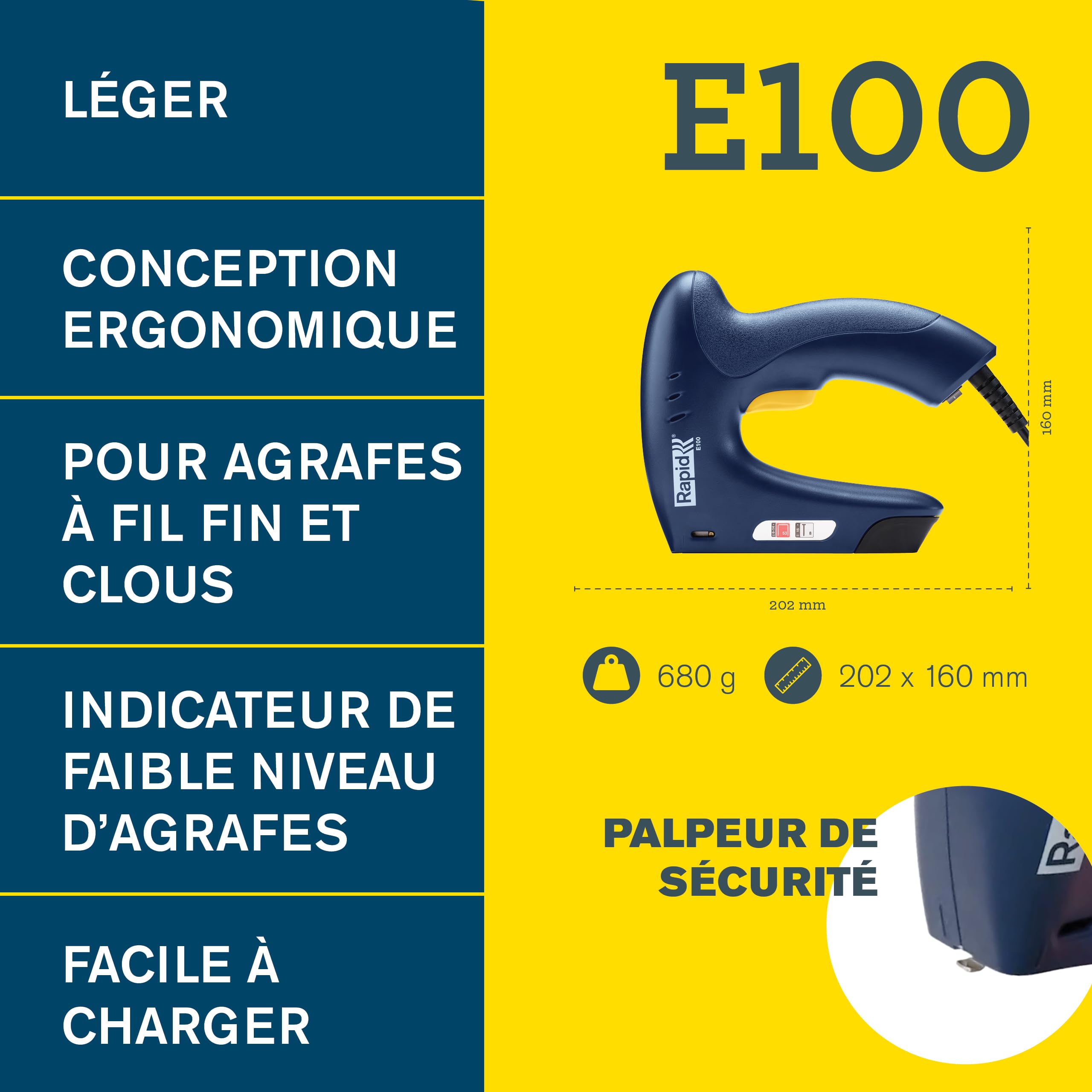 Agrafeuse-Cloueuse Électrique Rapid E100 | Agrafeuse de Tapissierie 2-en-1 pour Projets de Bricolage | Conception Légère, Ergonomique, Pour Agrafes de n°53/6-14mm et Clous n°8 de 15mm - FSC (5001699)