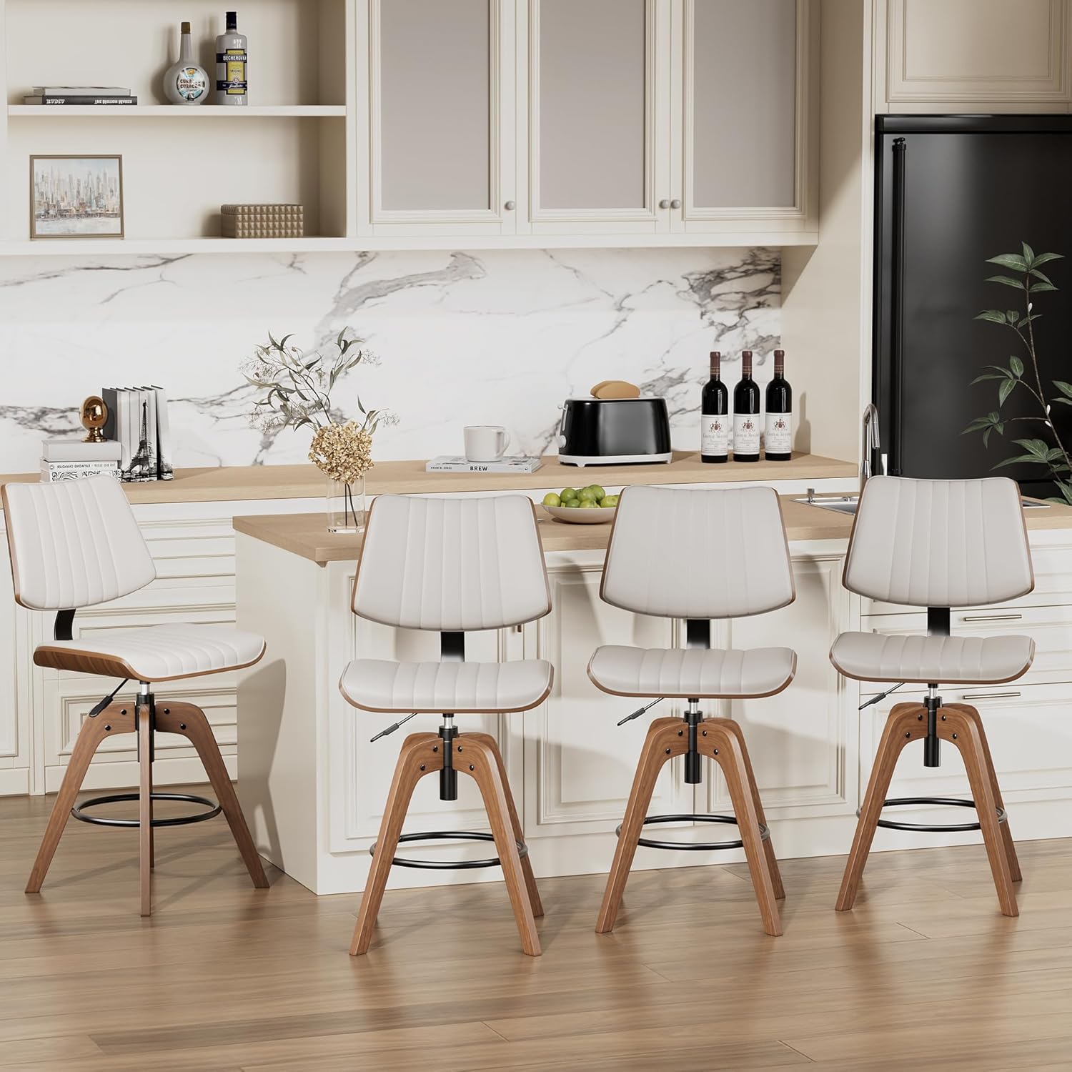 Swivel Bar Stools Set of 1 for Kitchen Island, Adjustable Bentwood Counter Height Barstools, Modern PU Leather Upholstered Bar Chair with Back and Footrest, for Bar, Kitchen, Dining Room, Beige