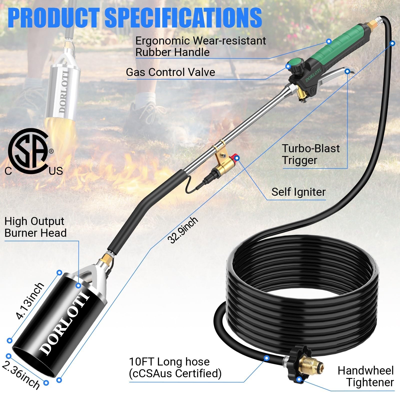 Kit de brûleur de mauvaises herbes au propane avec tuyau de 3 m, auto-allumage pour désherbage, asphalte, fonte de neige, marquage routier, barbecue