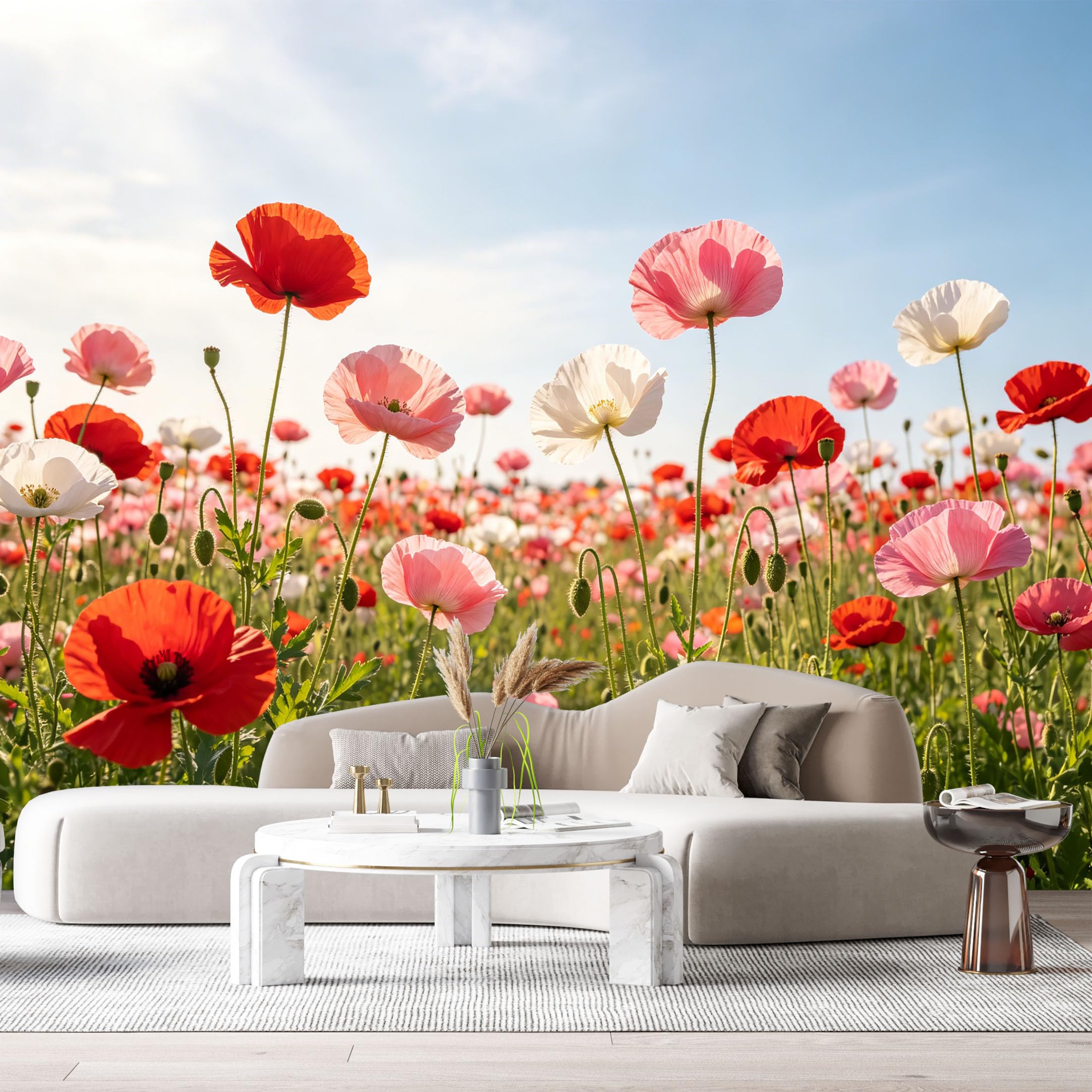 Custom Size Wall Murals Blooming Field Botanical Watercolor Red White Flowers Sunny Sky SelfAdhesive Wall Fabric Removable Large Wallpaper for Photo Living Room