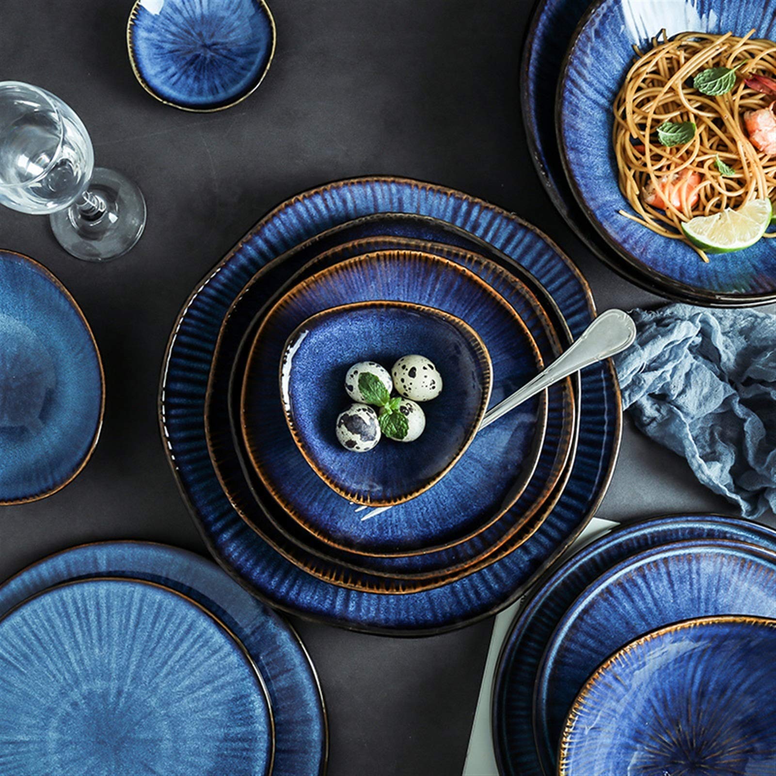 Liudan Speiseteller Nordic Glaze Blaue Farbe Keramik Geschirr Home Flache Platte Tiefe Steak Dish Frühstück Abendteller Großer Schleife Essteller (Color : N)