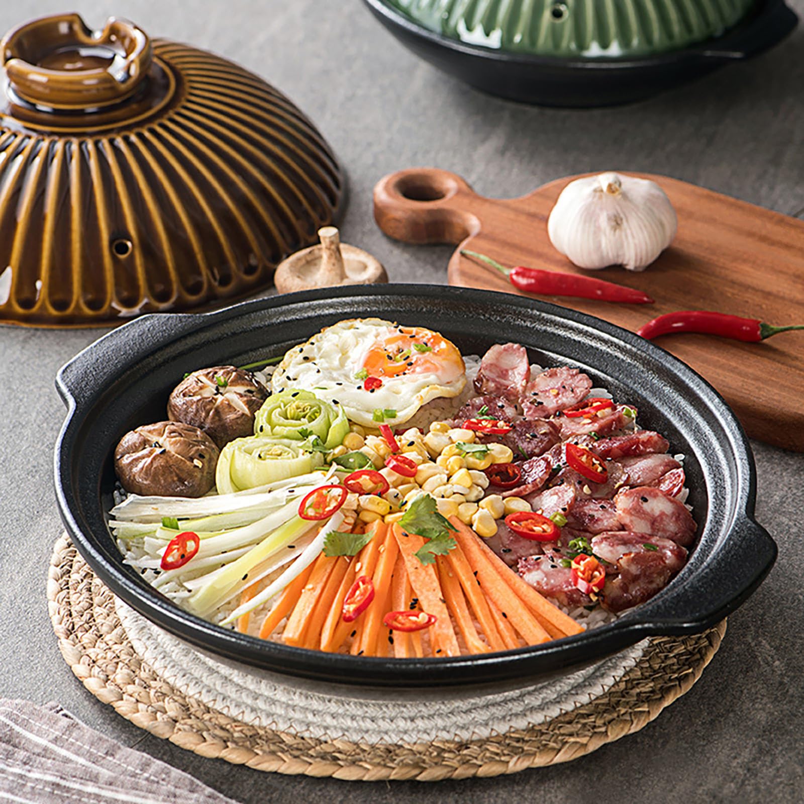 Japanischer Donabe-Keramik-Hot Pot Im Retro-Stil, Hitzebeständig, Flacher Holländischer Ofen For Kochen Und Servieren Von Dolsot, Bibimbap-Suppe, Reis-Eintopf, Auflauf, Nudeln(Copper,11.8 inches)