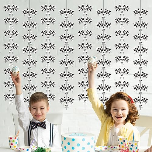 Miniatura 6 de 12 banderas a cuadros en blanco y negro con temática de carreras para colgar en remolinos de carreras, kit de guirnalda de coches de carreras,