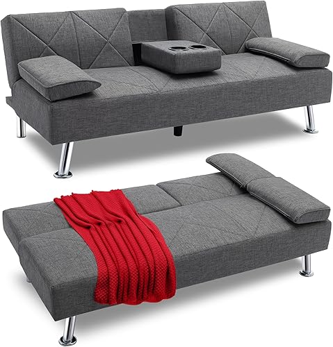 VECELO Moderno sofá cama plegable convertible con reposabrazos extraíbles, sofá reclinable de lino transpirable para sala de estar y sala de estar,