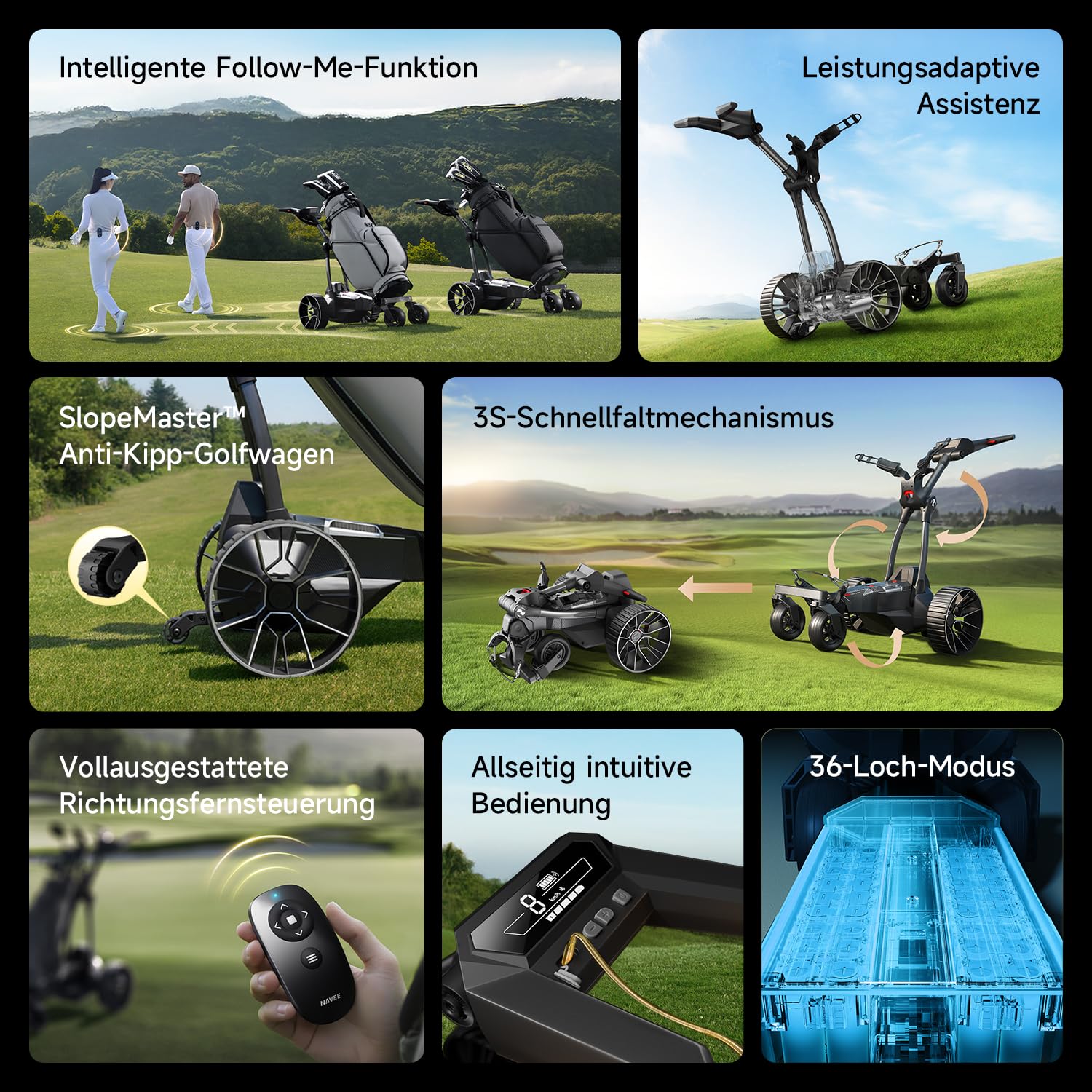 NAVEE Golf Trolley Elektrisch, Electro Golf Trolley Klappbar, Birdie 3X, Follow Me, Lithiumakku für 36 Loch, Dynamische Power-Hilfe mit KI-Steuerung, Dual Motor Bergabfahrbremse, IPX5 viel Zubehör