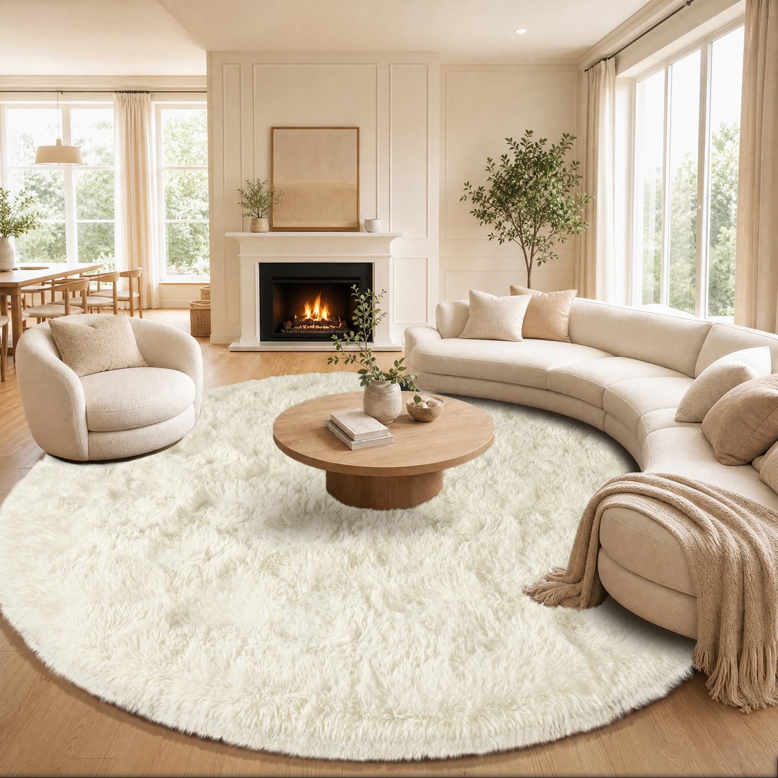 Round Rug 200cm Cream Soft Fluffy Shaggy Large Rugs for Living Room bedroom — image 1