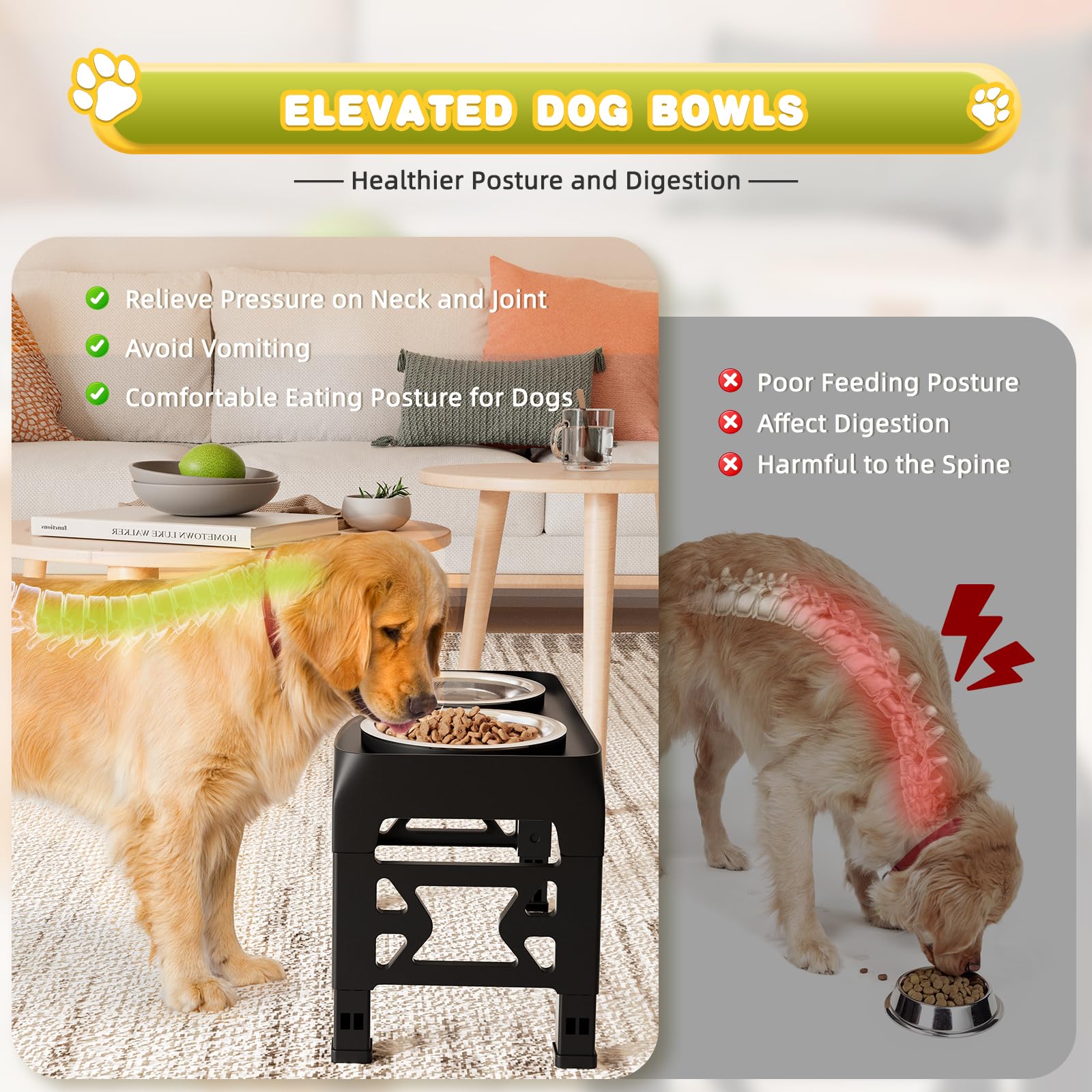 Gamelles surélevées pour chien à 5 hauteurs réglables en hauteur avec 2 gamelles de nourriture pour chien en acier inoxydable - Support antidérapant - Réglable à 9 cm, 22,9 cm, 25,4 cm, 27,9 cm, 30,8