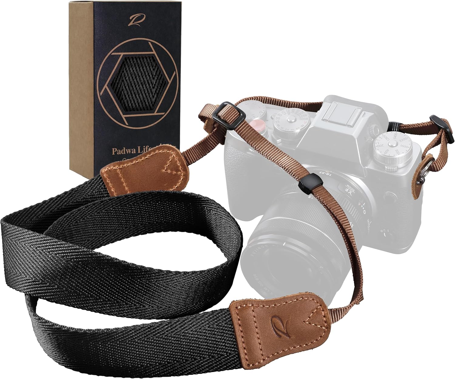 Padwa Lifestyle Black Camera Strap - Double Layer Crazy Horse Cowhide Head,1.5" Wide Pure Cotton Woven Camera Straps,Adjustable Neck Shoulder Strap for All DSLR Cameras,Great Gift for Photographers