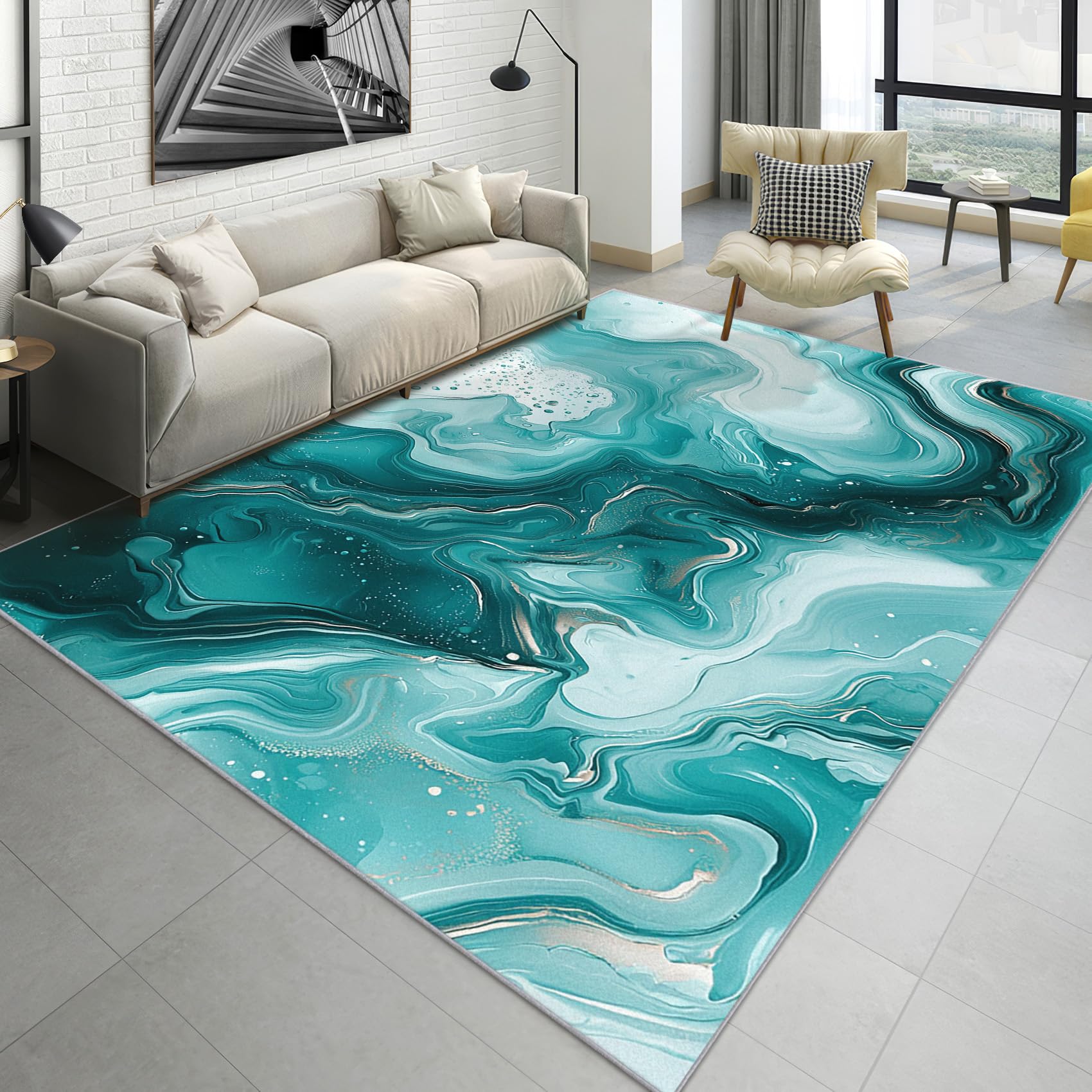 MMYAOKEN Marble Rugs for Bedroom - Marble Home Decor, Abstract Teal and White Rugs 5x7, Modern Luxury Area Rug for Living Room Bedroom, Washable Non