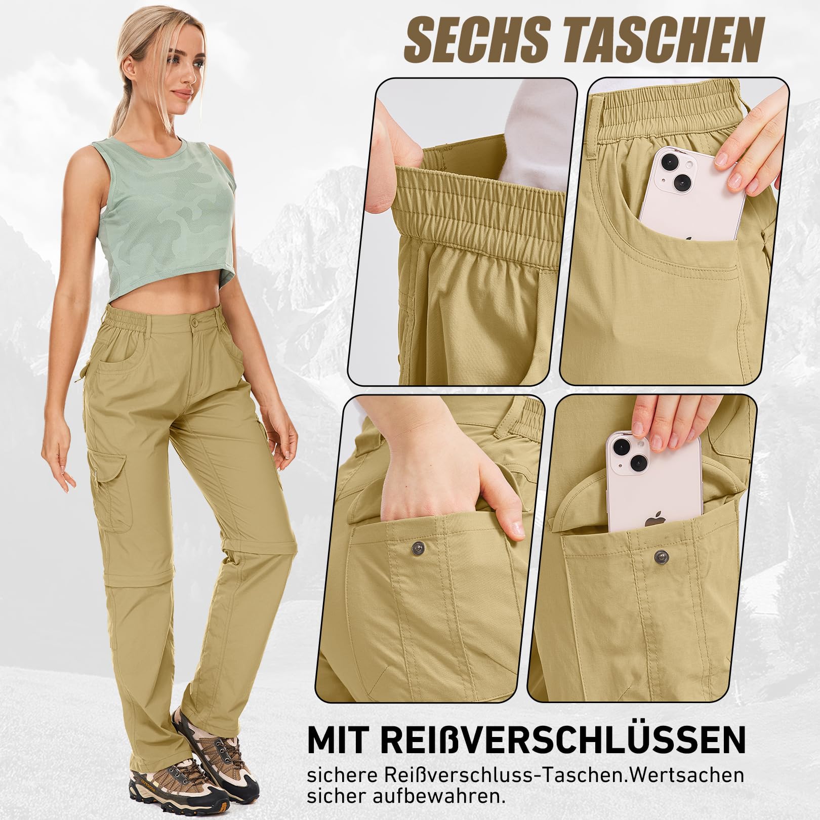 Pantaloni da trekking da donna, con cerniera, traspiranti, da trekking, elasticizzati, rimovibili, per attività all'aria aperta, estivi, per escursioni
