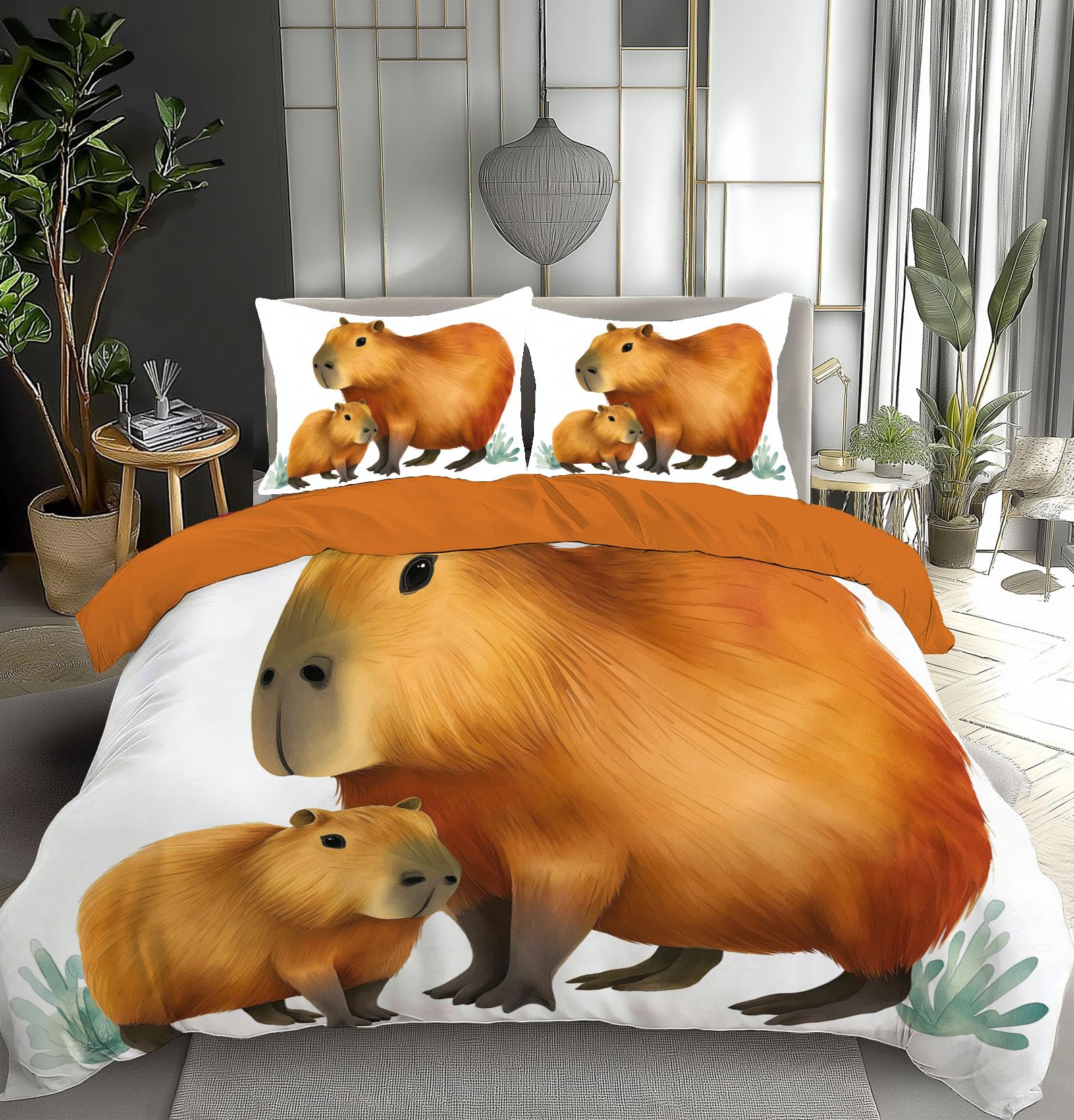 Parure de lit housse de couette 200x200 capybara avec fermeture éclair pour lit 2 personnes