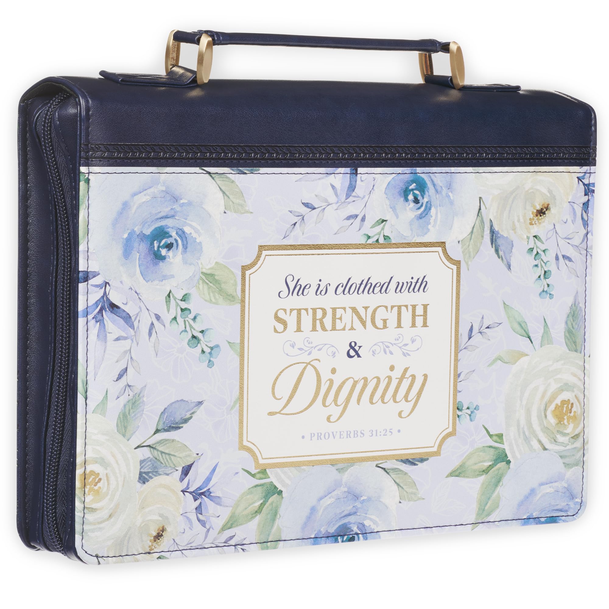 Christian Art Gifts Fashion Vegan Leather Bible Cover Case for Women: Strength & Dignity Gold Inspirational Scripture, Sturdy Easy Carry Book Bag, Pen Loops, Pockets, Navy Blue & White Floral, XL