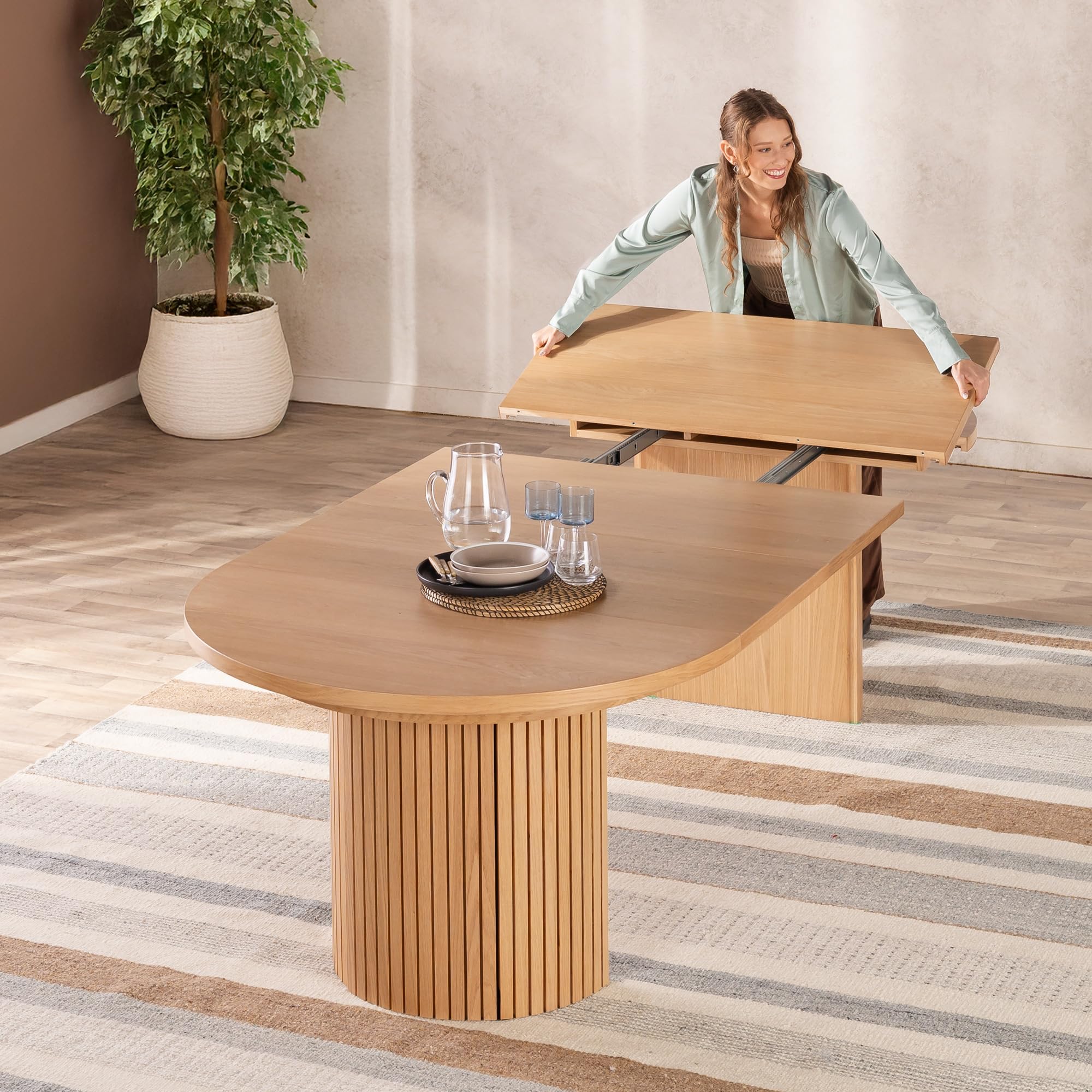 Transformer Round Extendable Dining Table – Solid Wood Expandable Round Kitchen & Dining Room Table for 4 to 10, Space-Saving Modern Furniture (Natural, Table Only)