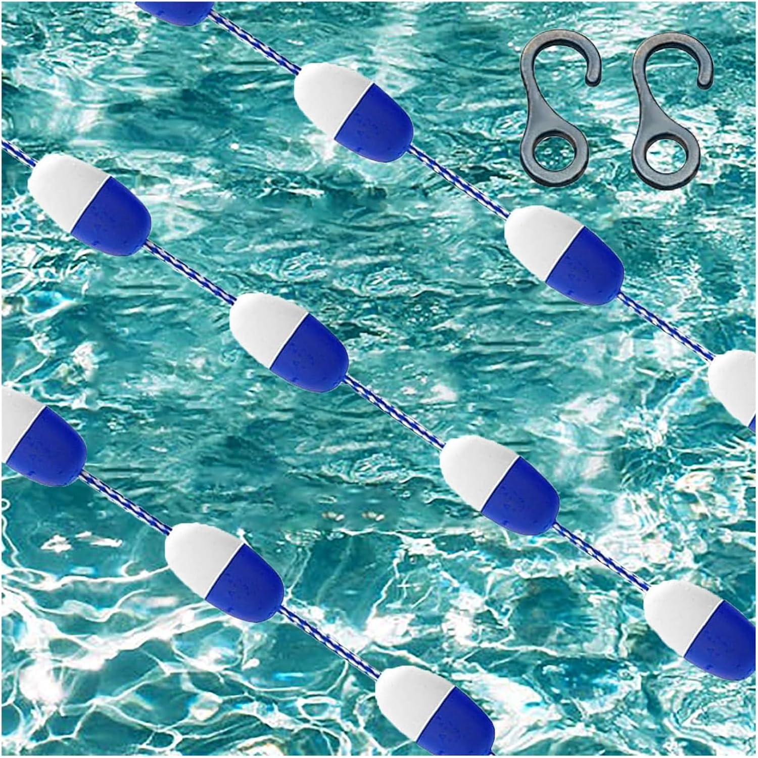 Adjustable 26-96ft Pool Safety Rope with Floats, High Visibility Lane Divider for Swimming, Durable Buoy Training Rope with Stainless Steel Hooks for Child Safety