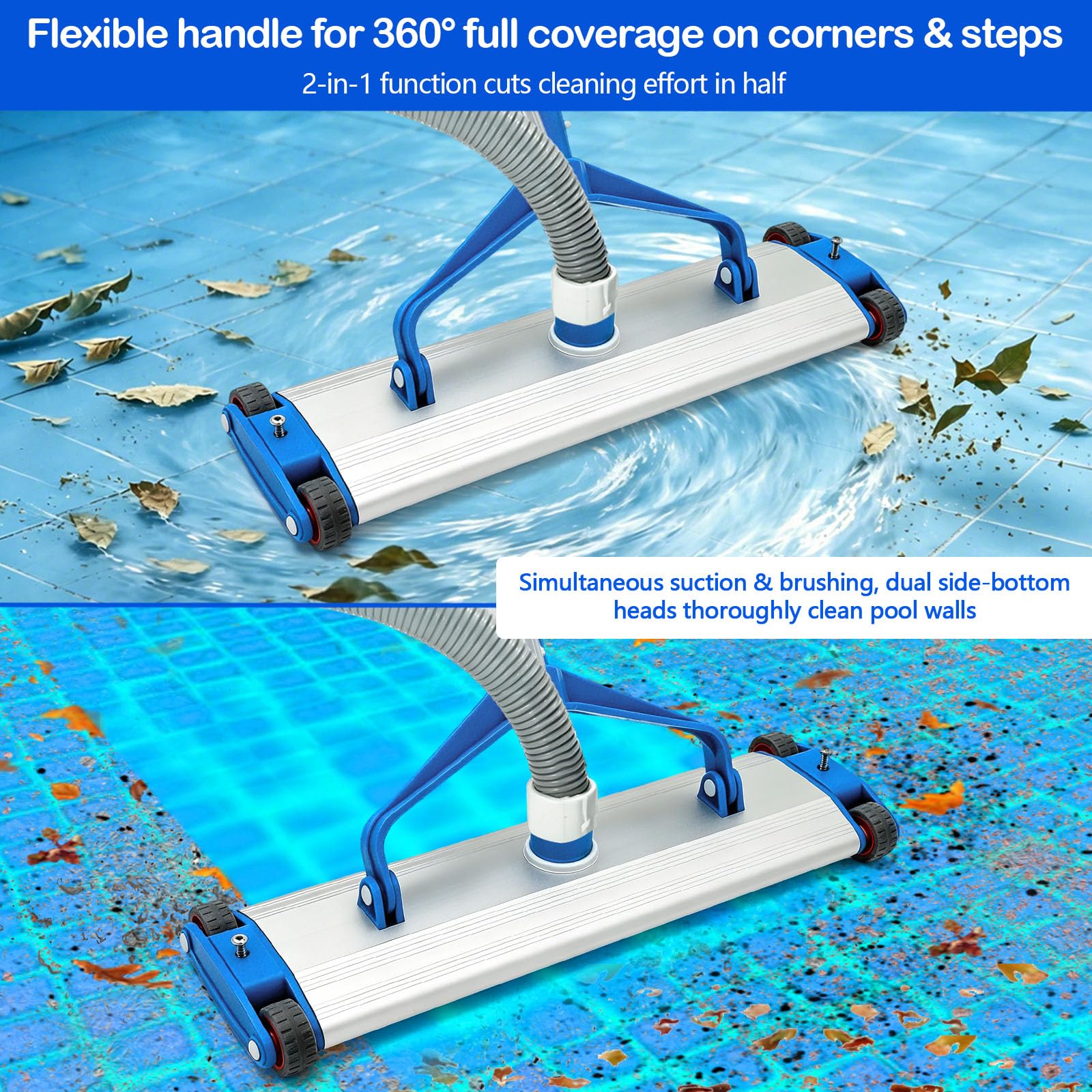Tête d'aspiration de piscine en aluminium - 43,5 x 25 x 10 cm - 4 roues - Raccord d'aspiration 2,3 kg - Tuyau de 38 mm - Tête de nettoyage robuste - Nettoyage manuel - Piscine hors-sol - Efficace et